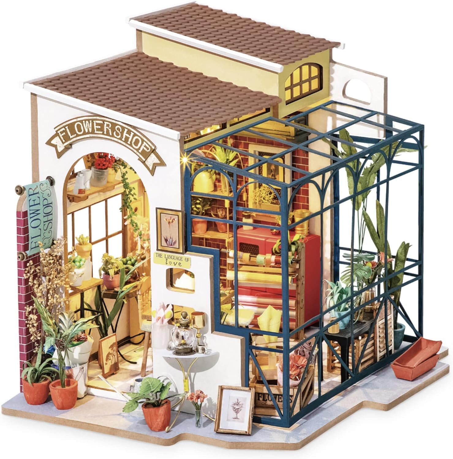 Robotime DG145 Rolife Emily's Flower Shop Miniatyr dockhus Tillverkat av trä, metall, tyg och kartong, Mått: 22 X 15 X 17 Cm, Naty Shop dockhus