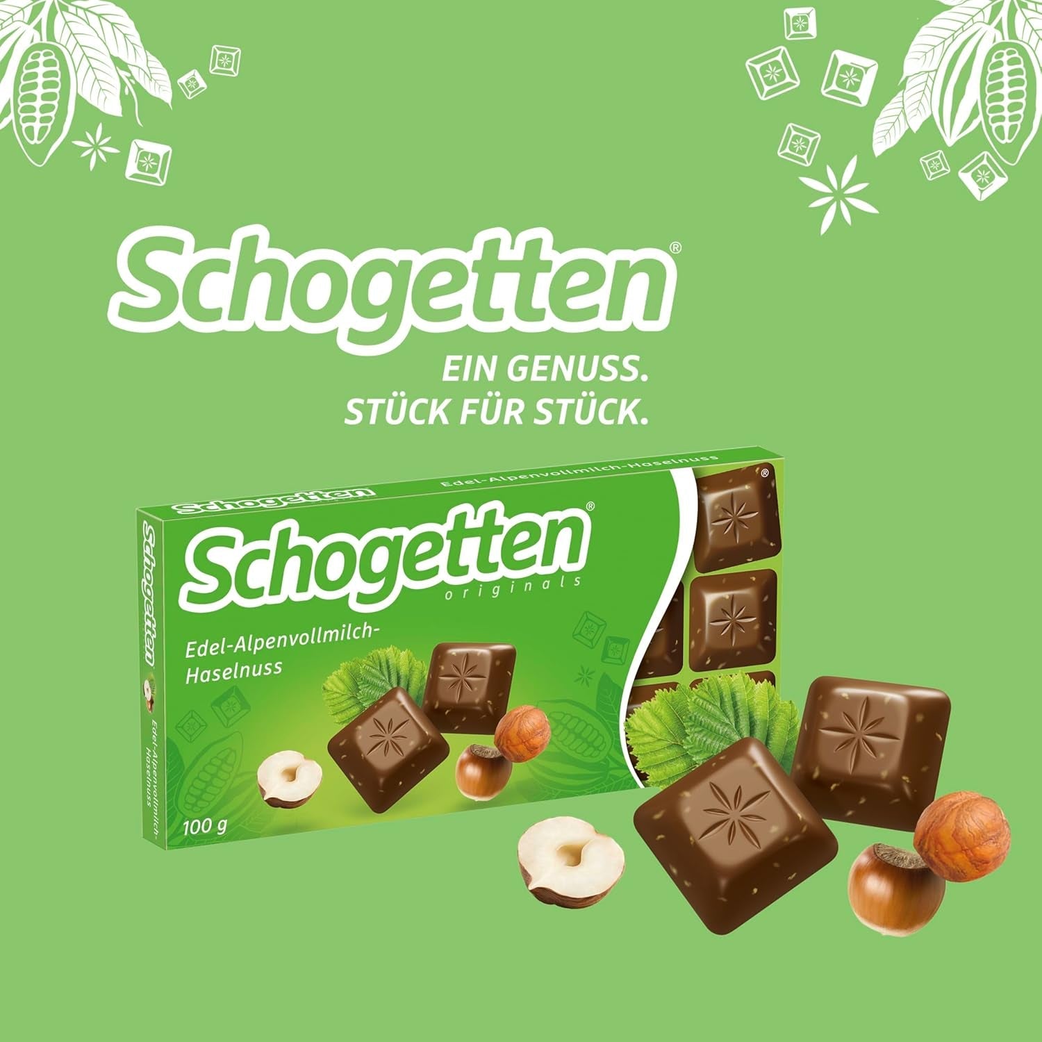 Schogetten Premium alpin mjölkchoklad med hasselnötter, 100 g chokladkaka, individuellt portionerad. En fröjd. Bit för bit.