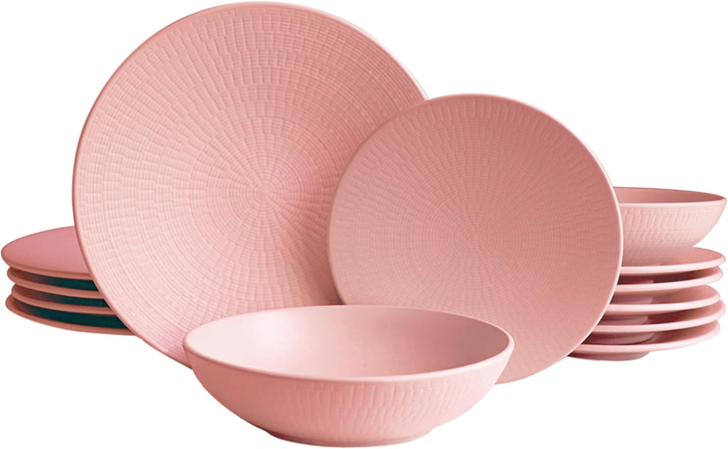 ECHTWERK Vintage servisset 12 delar naturlig design "Blanka" 4 personer elegant texturerat stengods servisset med 4 mattallrikar 4 sidotallrikar 4 mattallrikar Rosa