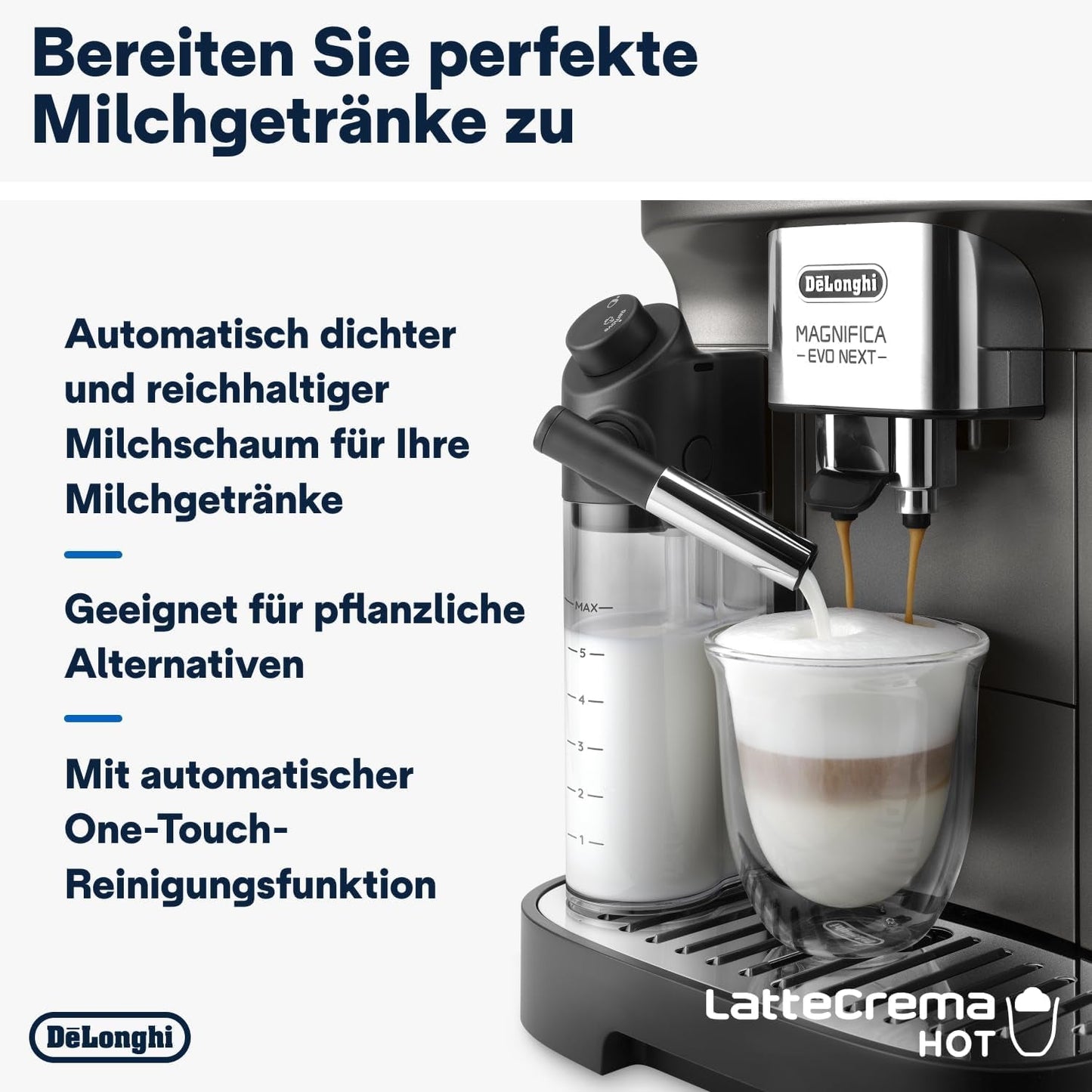De'Longhi Magnifica Evo Next - Perfetto helautomatisk espressor med LatteCrema mjölkskummare, 13 One-Touch-drycker, kaffe- och cappuccinobryggare, färgpekskärm, titan (ECAM312.80.TB)