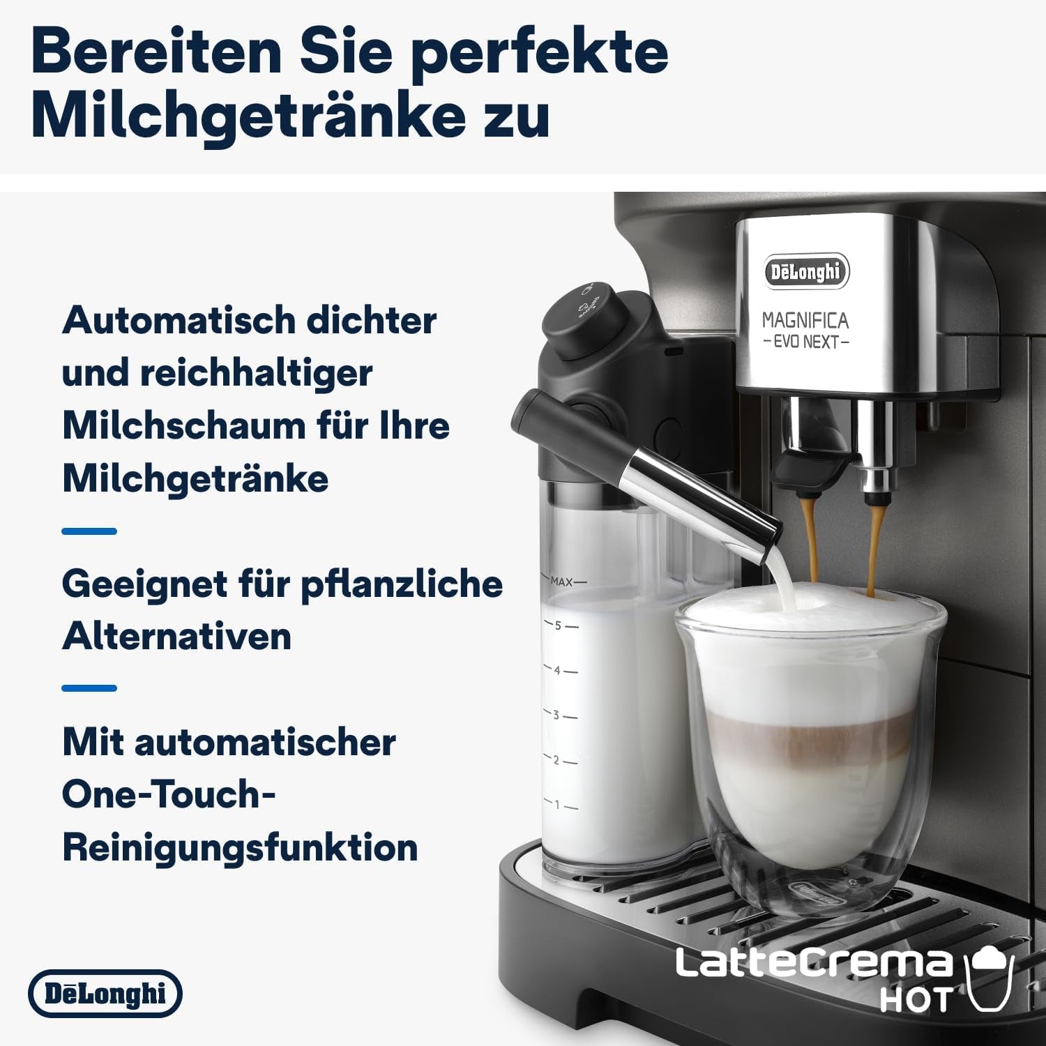 De'Longhi Magnifica Evo Next - Perfetto helautomatisk espressor med LatteCrema mjölkskummare, 13 One-Touch-drycker, kaffe- och cappuccinobryggare, färgpekskärm, titan (ECAM312.80.TB)