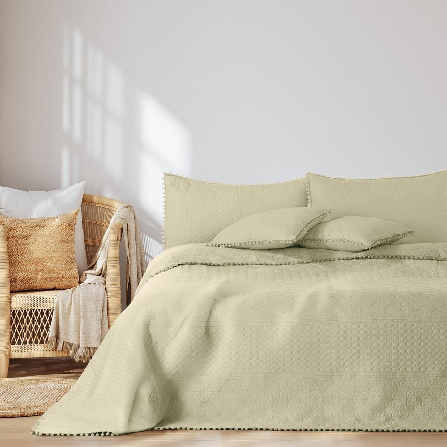 Ameliahome Överkast med pompoms 220X240 Cm Tvåsidigt överkast Ultrasonic Quilting Polyester Meadore Grå Sängar och filtar Besuche den AmeliaHome-Store Meadore Beige 240X260 Cm