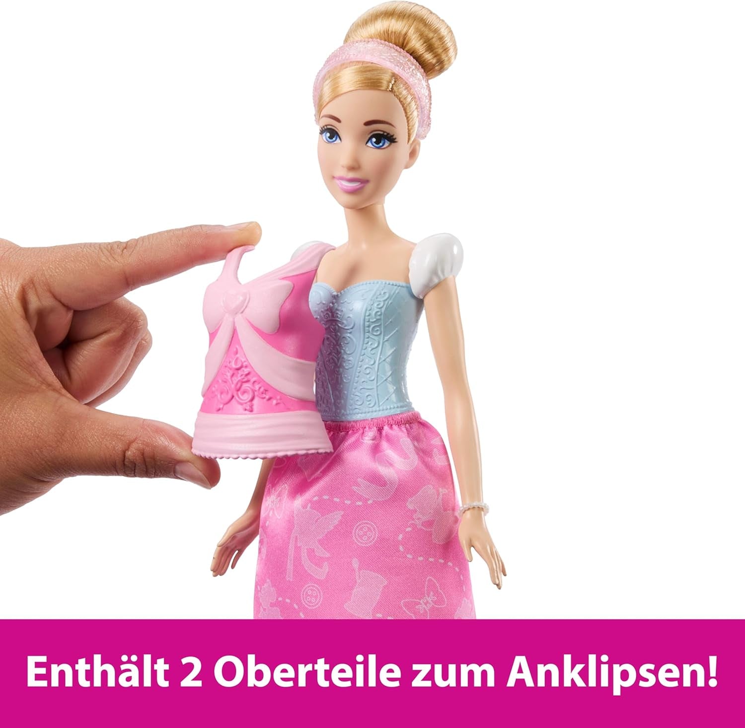 Mattel Disney Princess Toys Cinderella modedocka med 2 outfits, 9 accessoarer, 2 toppar med clips och 2 kjolar. 2 i 1 berättelser inspirerade av Disney-filmen, JCR95