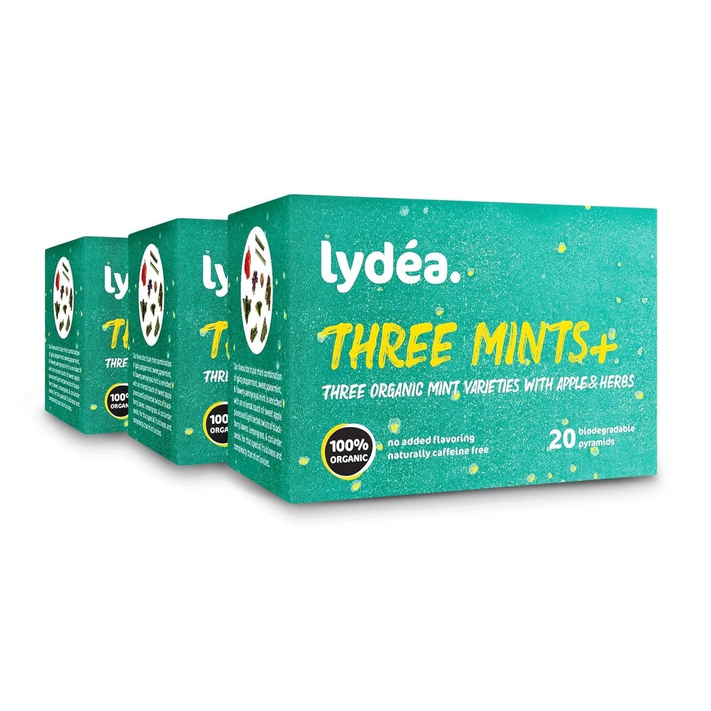 Lydea Three Mints+ ekologiskt örtte med tre sortiment av mynta, äpplen och örter, 60 pyramider, 3-pack [3 x 20 pyramider]