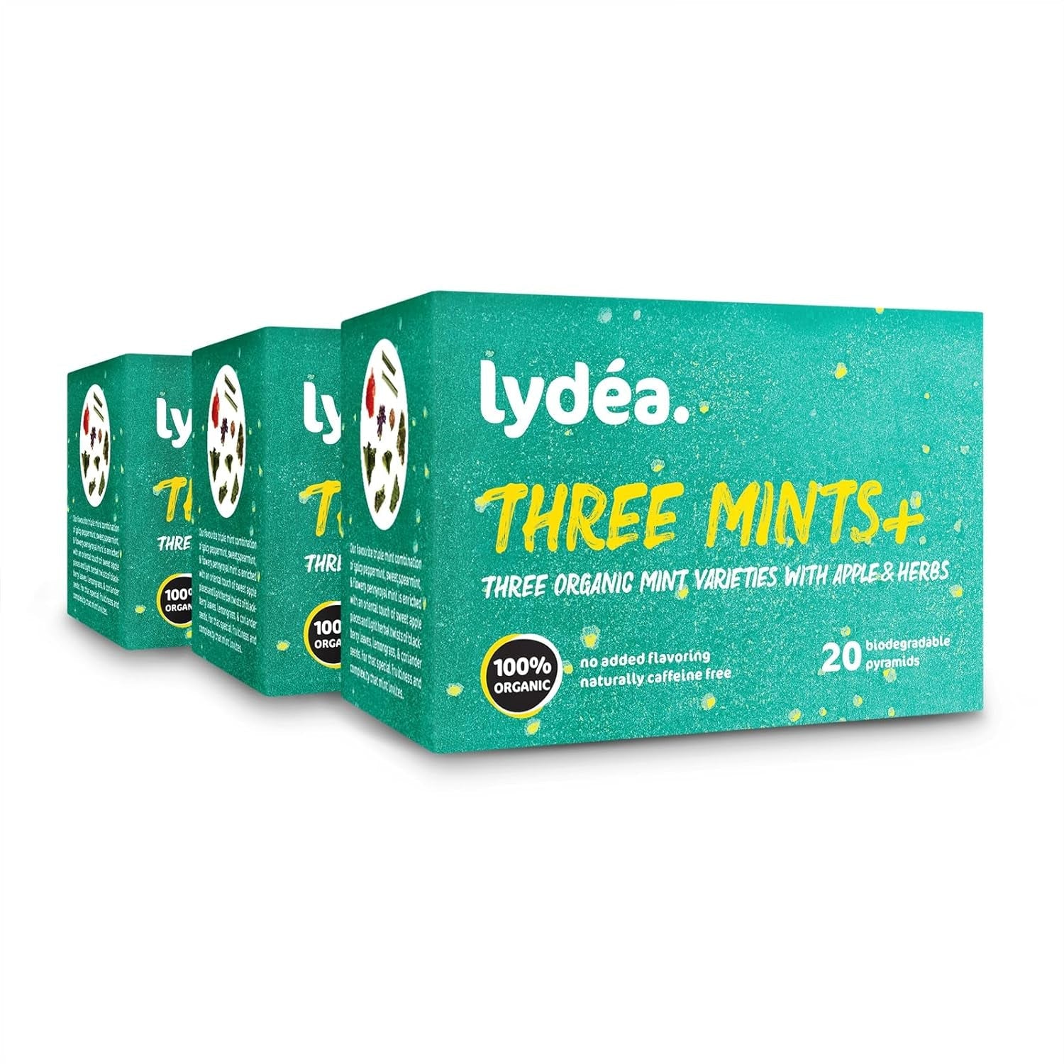 Lydea Three Mints+ ekologiskt örtte med tre sortiment av mynta, äpplen och örter, 60 pyramider, 3-pack [3 x 20 pyramider]