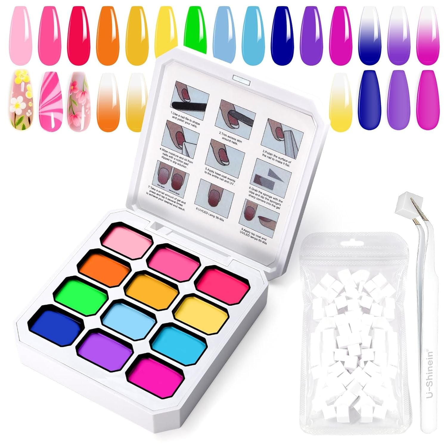 Gradient Painting Gel, 12 färger Ombre Gel Nagellack med 100st Nagelsvampar & 4 Klor Metal Grabber för fransk manikyr DIY Nail Art, Set I
