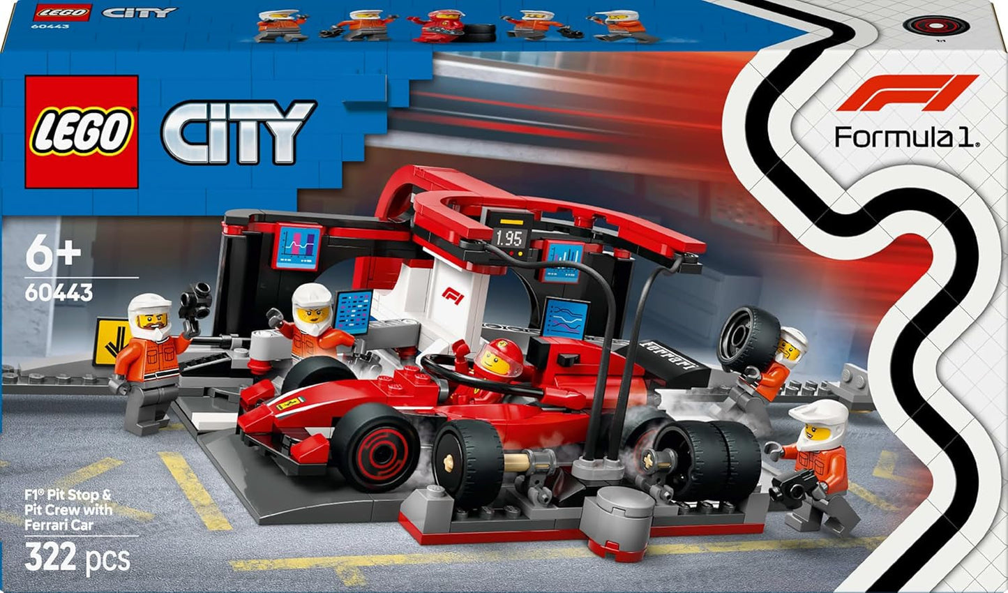 LEGO City F1 Pit Stop med Team och Ferrari Speedster - Formel 1 Pit Stop Set med 1 racerförare och 4 mekaniska minifigurer - Racing billeksak för pojkar och flickor 6+ - 60443 Byggset Beuche den LEGO-Store