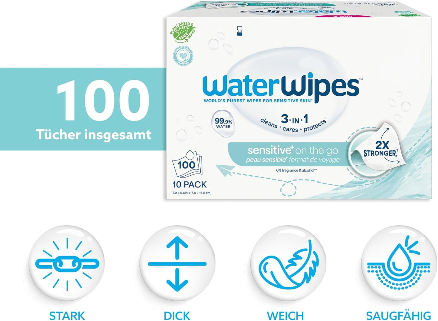 WaterWipes Sensitive+ On The Go våtservetter, 100 våtservetter (10-pack), 3 i 1 rengöringar, vårdar, skyddar, 99,9 % vatten, parfymfria våtservetter