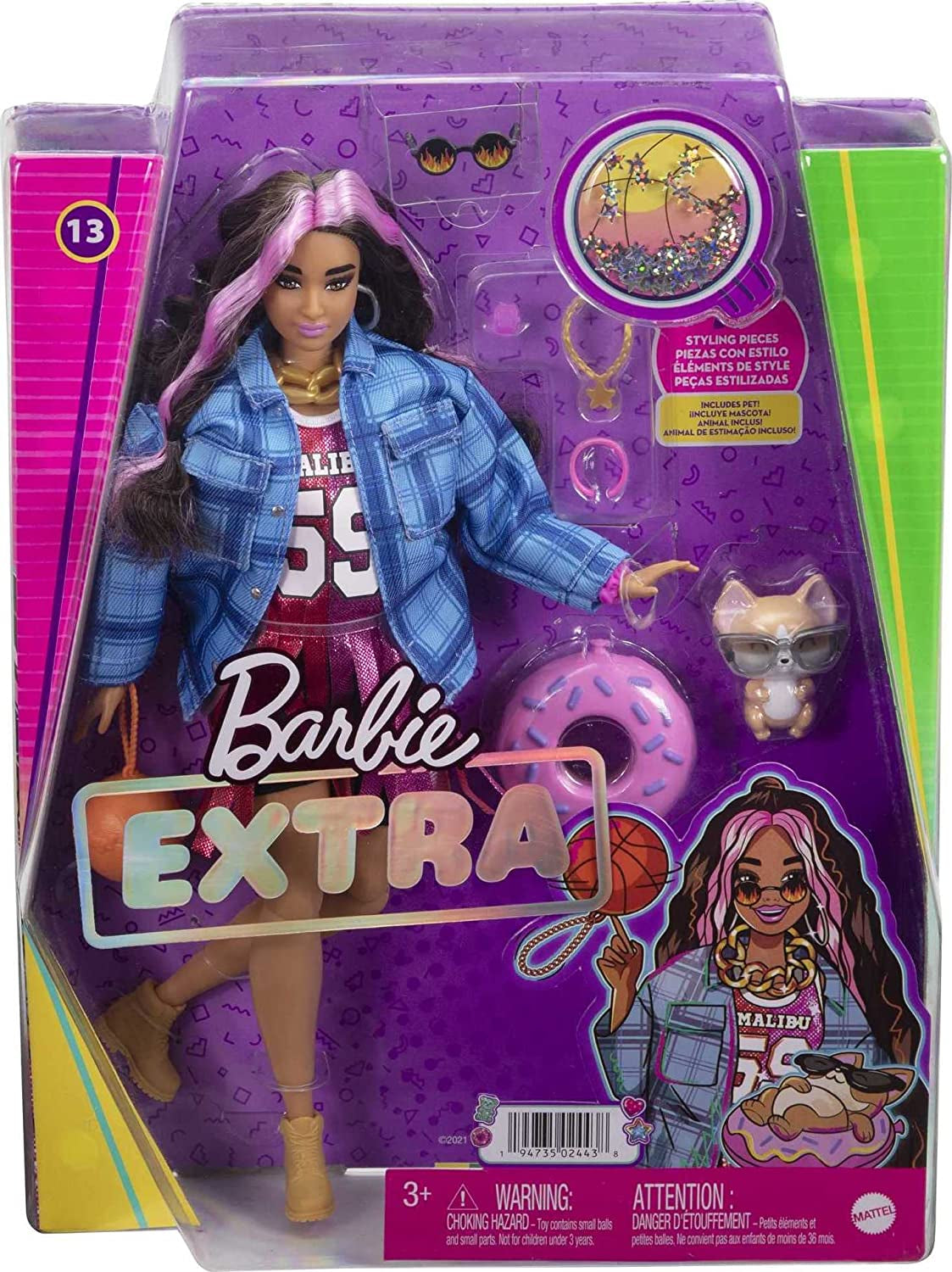Barbie HDJ46 - Extra docka i klänning med baskettröja och tillbehör, med Corgi Pet, extra långt lockigt hår med rosa ränder och flexibla leder, presentleksak för barn 3+ Naty Shop Dolls