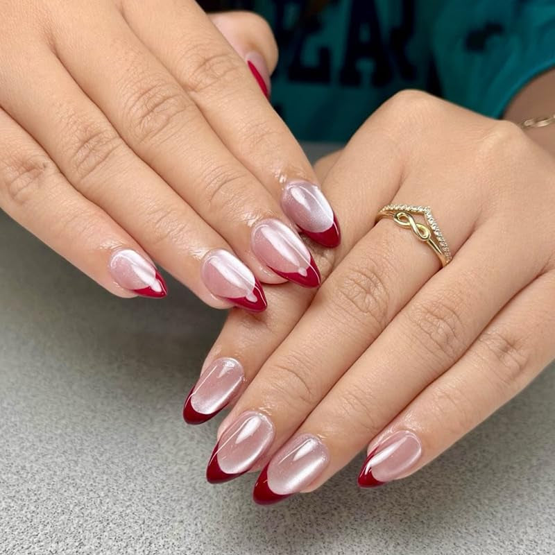 Moonglow korta magnetiska lösnaglar, rosa mandelröd gradient glitter kattöga med lim, rosa röd ombre glitter fototerapi konstgjorda naglar för kvinnor och flickor