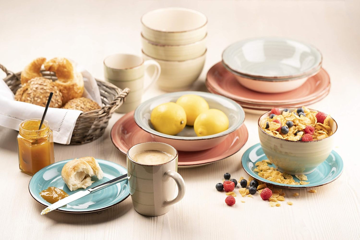 MÄSER servisset för 6, modern vintagelook, 12-delad bordsservering, handmålad, grön, kakel, olivgrön (Bel Tempo II)