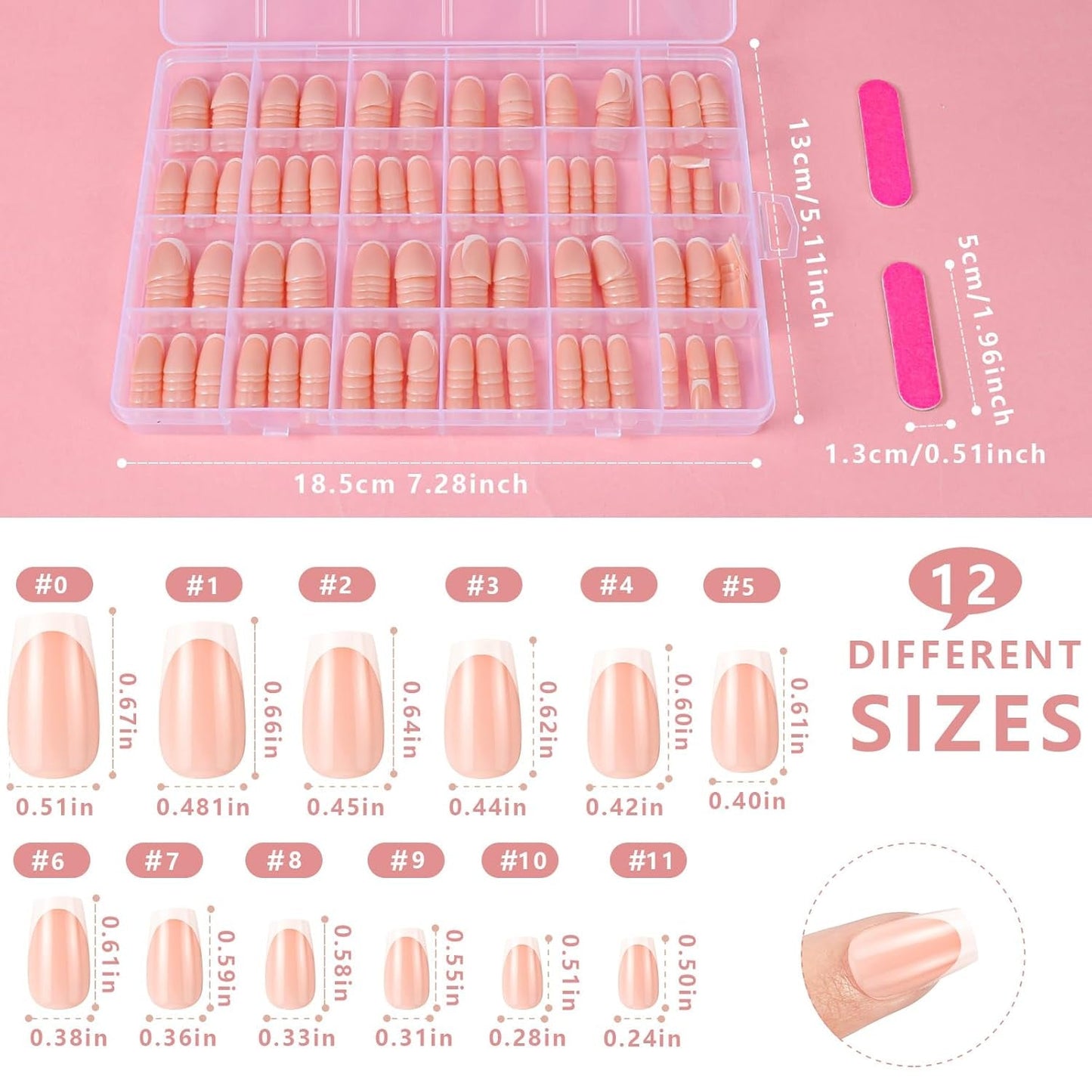 360 stycken franska konstgjorda naglar Medium rektangel falska naglar med falska nagelfilar Naturliga tips DIY Press On för damer och kvinnor