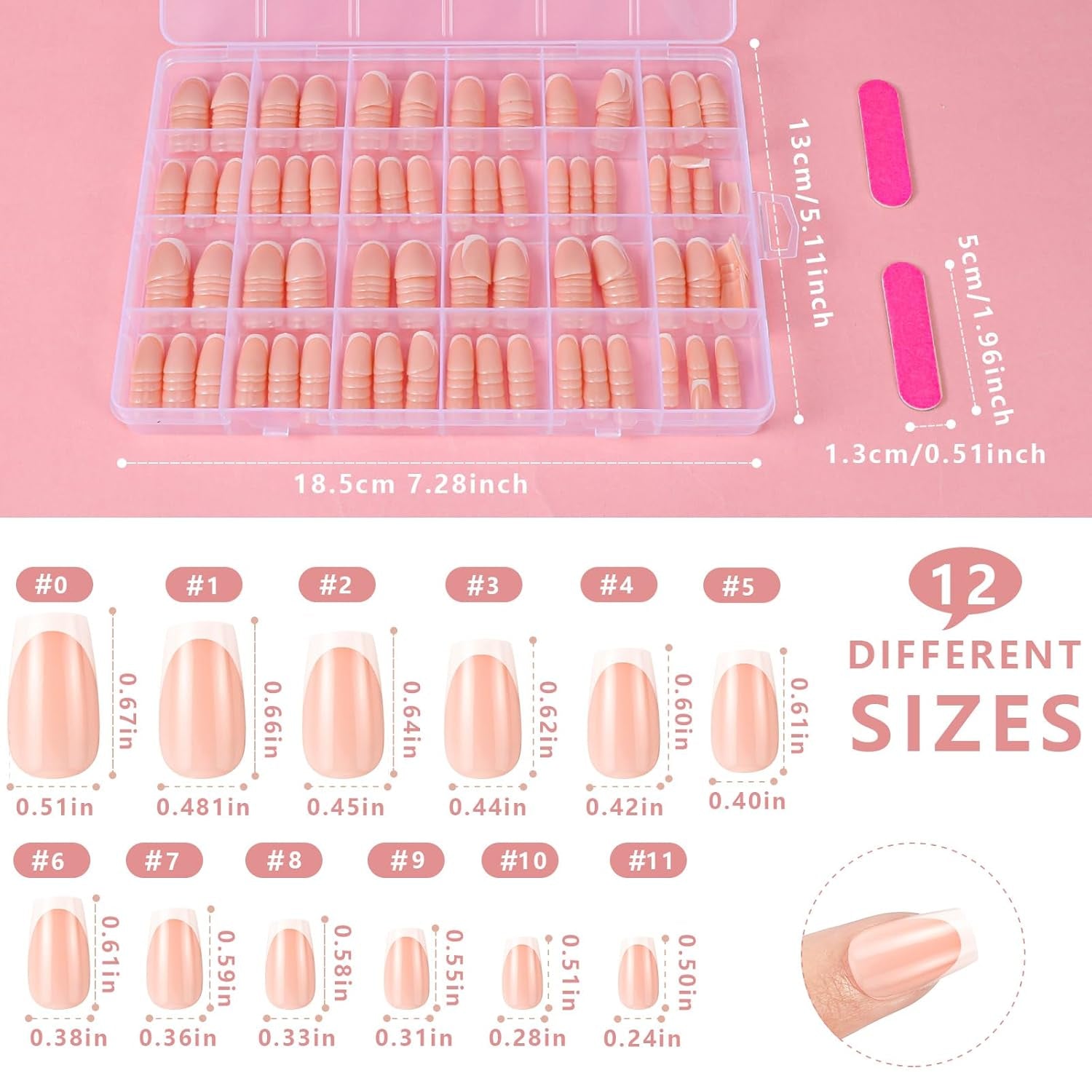 360 stycken franska konstgjorda naglar Medium rektangel falska naglar med falska nagelfilar Naturliga tips DIY Press On för damer och kvinnor