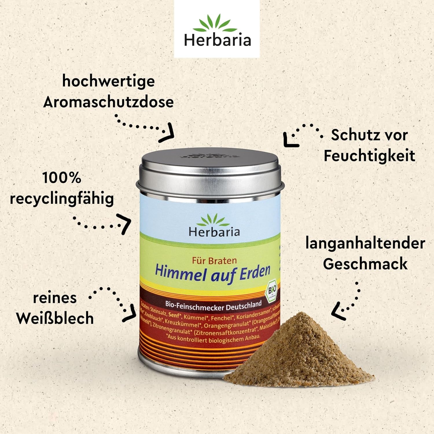 Herbaria Himmel auf Erden bio 100g M-Dose – fertiges Bio-Gewürzsalz für Rind-, Kalb- och Schweinefleisch als Braten eller Kurzgebratenes – in nachhaltiger Aromaschutz-Dose