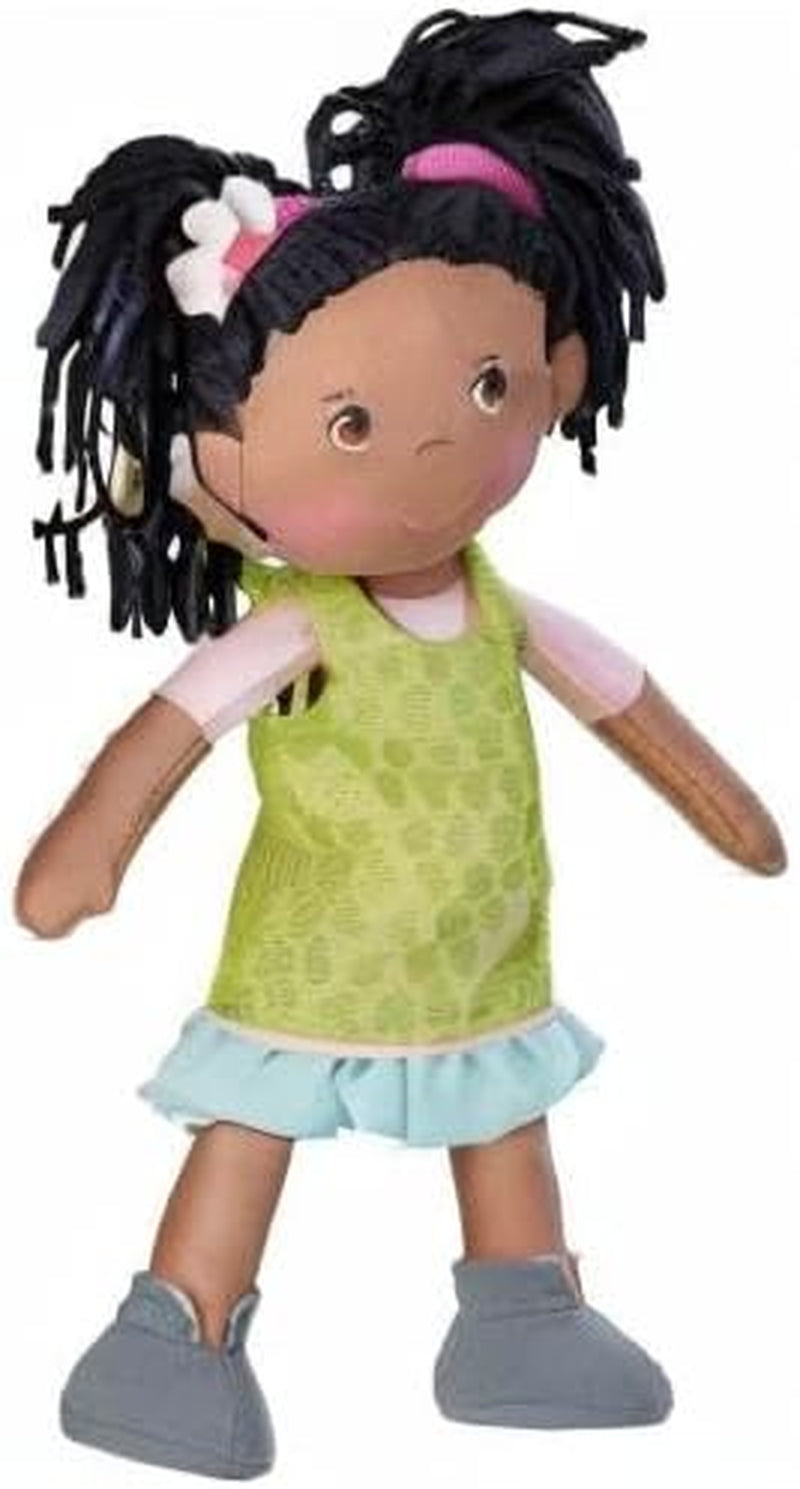 HABA 304576 - Cari Doll, 30 cm, Mjuk och tygdocka för barn från 18 månader, med avtagbara kläder och långt hår