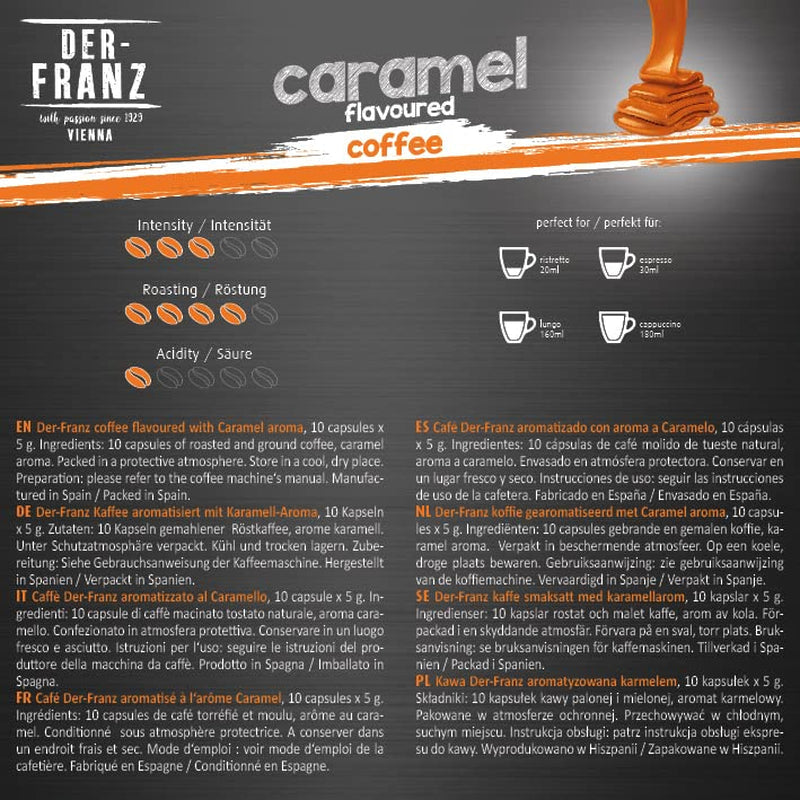 Der-Franz Nespresso-kompatibla kaffekapslar, 6 x 10 kapslar, Caramel Aroma, Medium Roast
