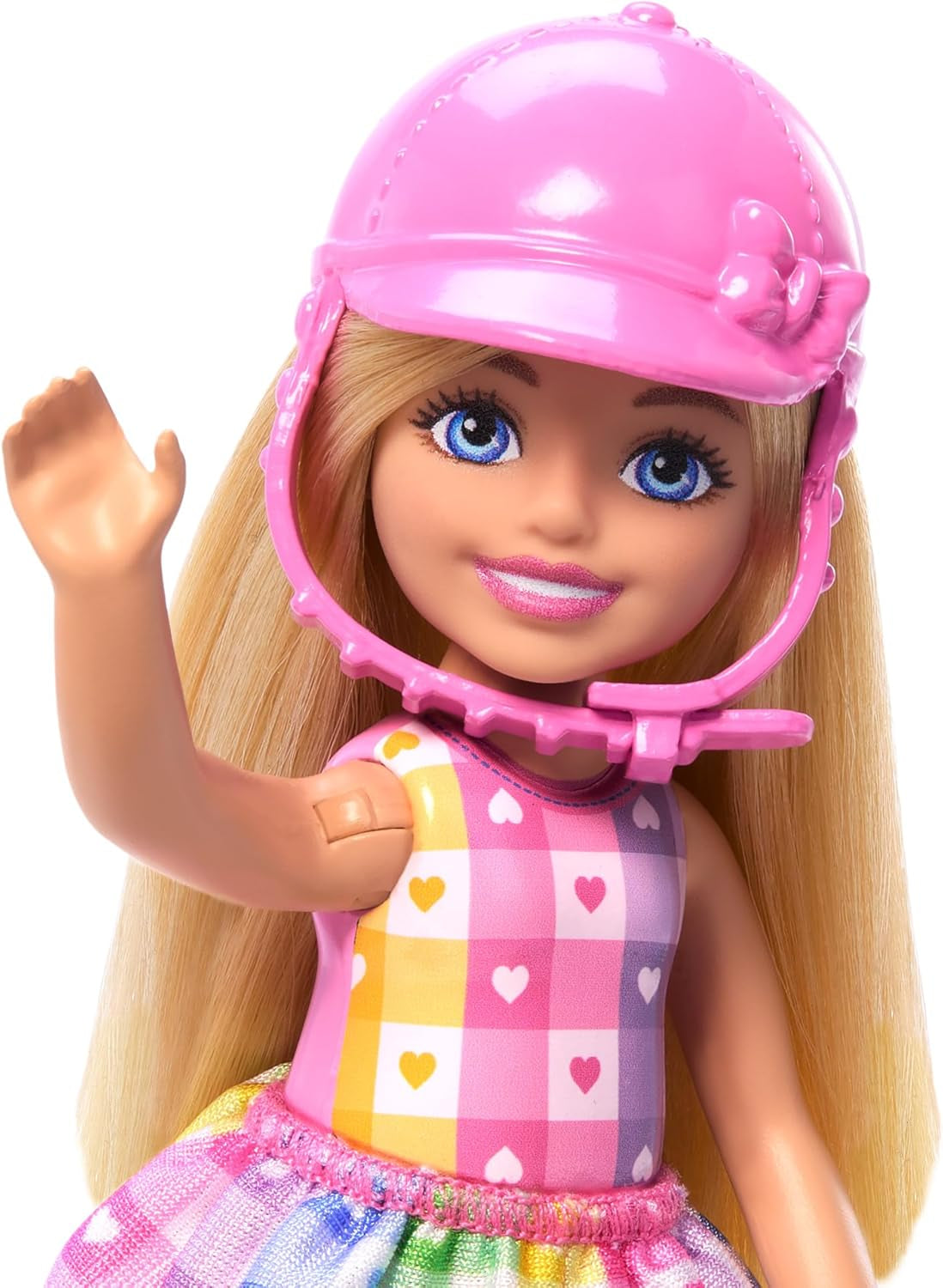 Chelsea and Ponies Barbie Doll - Spänn upp för lek och ridning säkert, rosa sadel och steg, inkluderar hjälm och söt rutig klänning, från 3 år och uppåt, HTK29