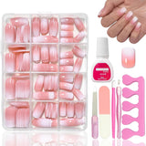 360 delar False Nails Kit - Kort Naken Rosa Vit Gradient False Nails - Fyrkantigt lim på False Nails - Heltäckande glansiga självhäftande naglar för kvinnor och flickor (fyrkantiga)