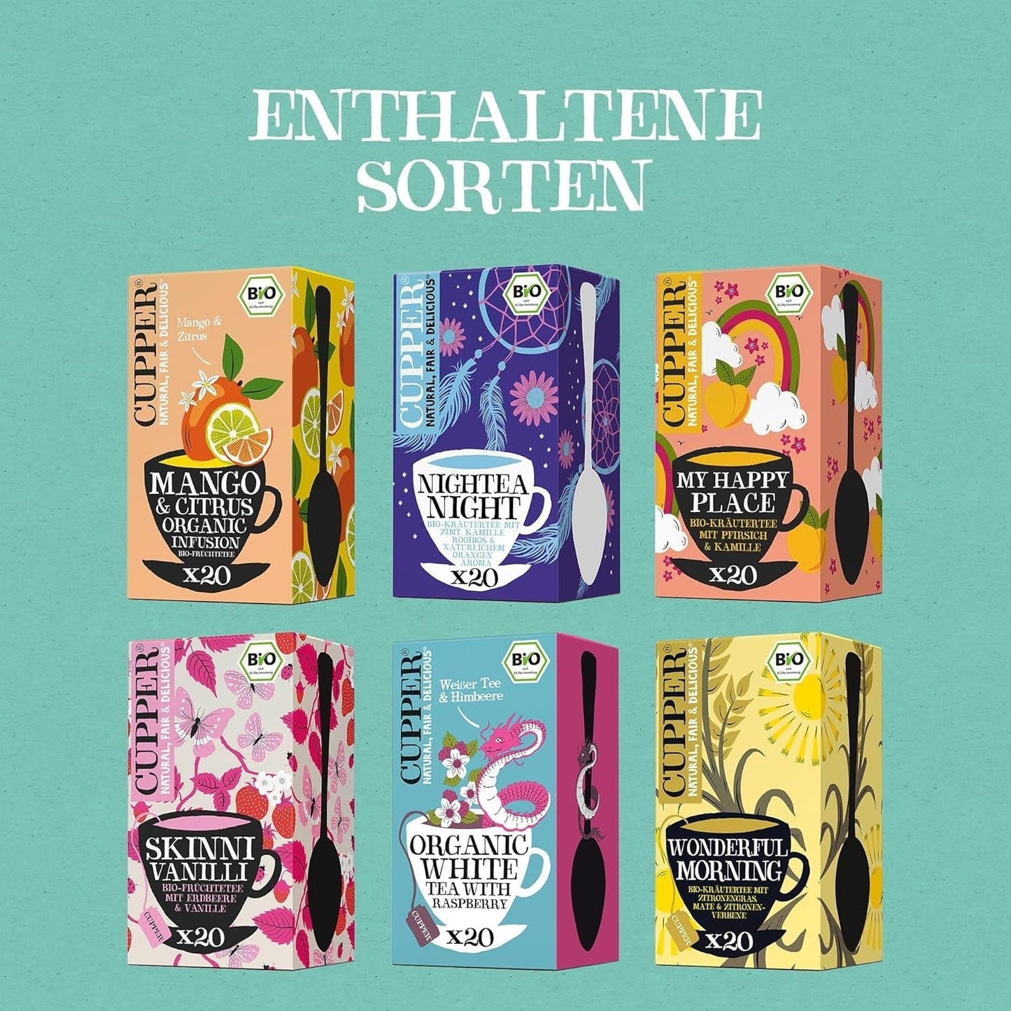 Cupper ekologiskt tepresentset, 6 sortiment av ört- och fruktteer för hela dagen, teservis, presentförpackning, utvald ekologisk tesamling (1 ask, 78 tepåsar)