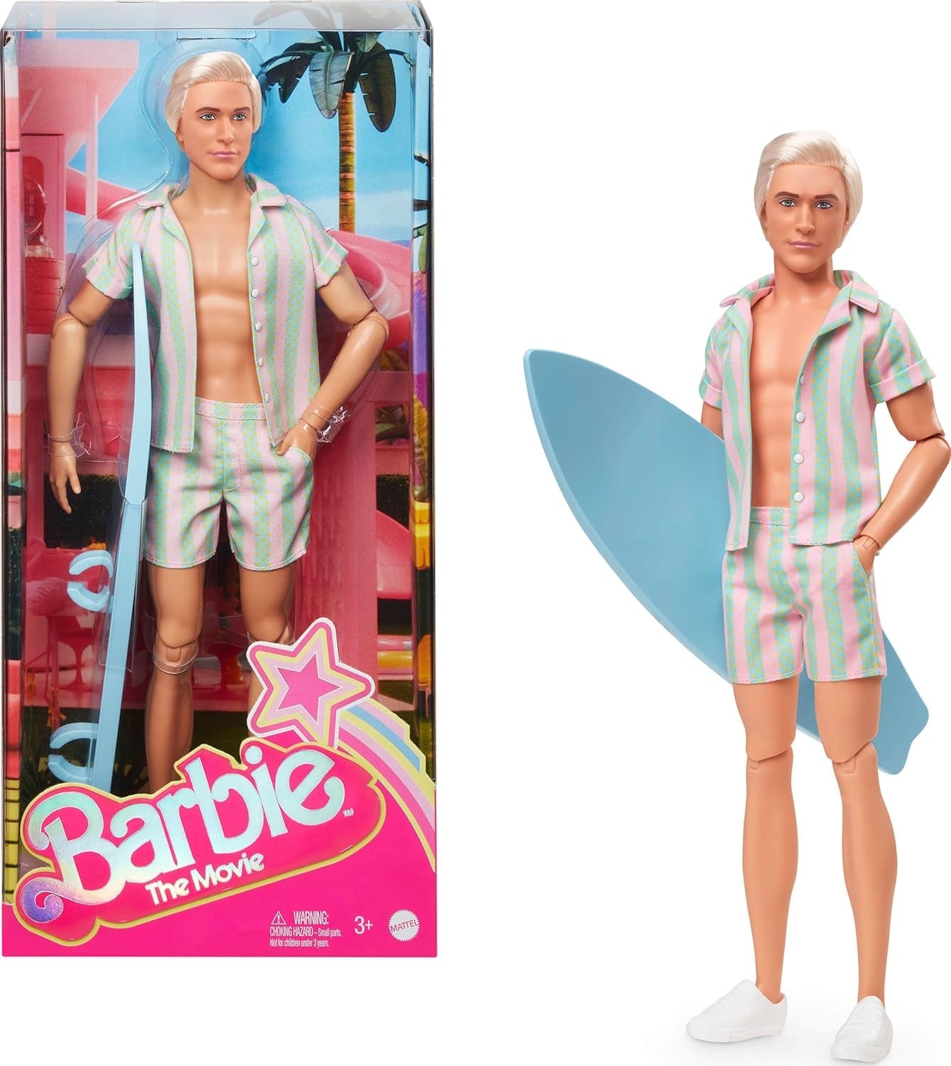 Barbie Movie Ken Barbie Doll i pastellrosa och grönrandiga strandkläder, surfbräda och vita sneakers, JBJ54