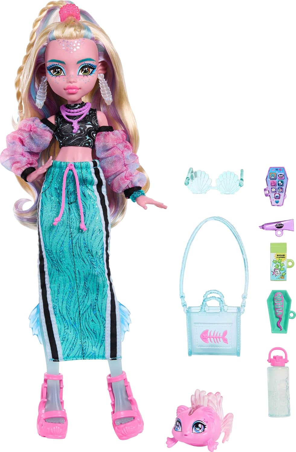 Monster High Lagoona Blue Neptuna Fish Short Top och Sport Maxi Skirt Doll med 7 tillbehör inklusive Shell Solglasögon, Snack och Bag, JHK33