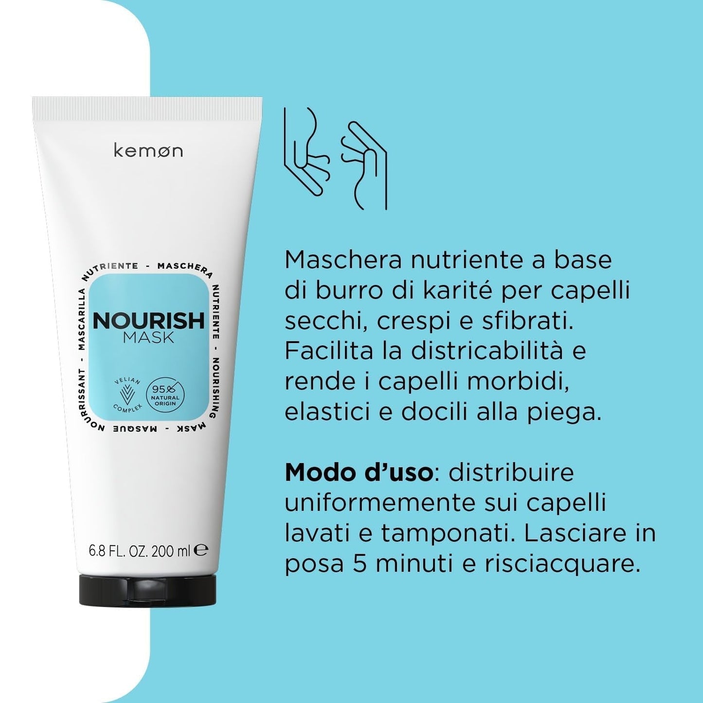 Kemon - Nourish Mask, närande mask för sprött, torrt och lockigt hår, baserad på sheasmör, främjar trassling, för mjukt hår, 200 ml Naty Shop Hair Mask