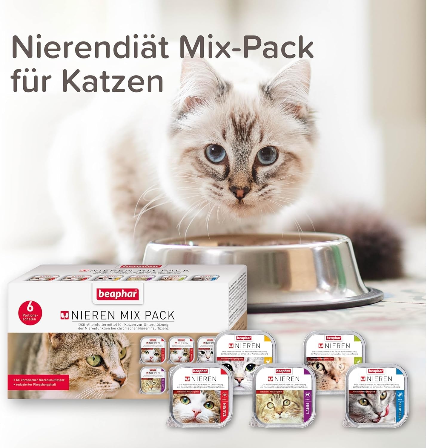 BEAPHAR – Renal Diet Mixed Package – Komplett foder för katter med kronisk njursvikt – För att stödja njurfunktionen – 6 x 100 g