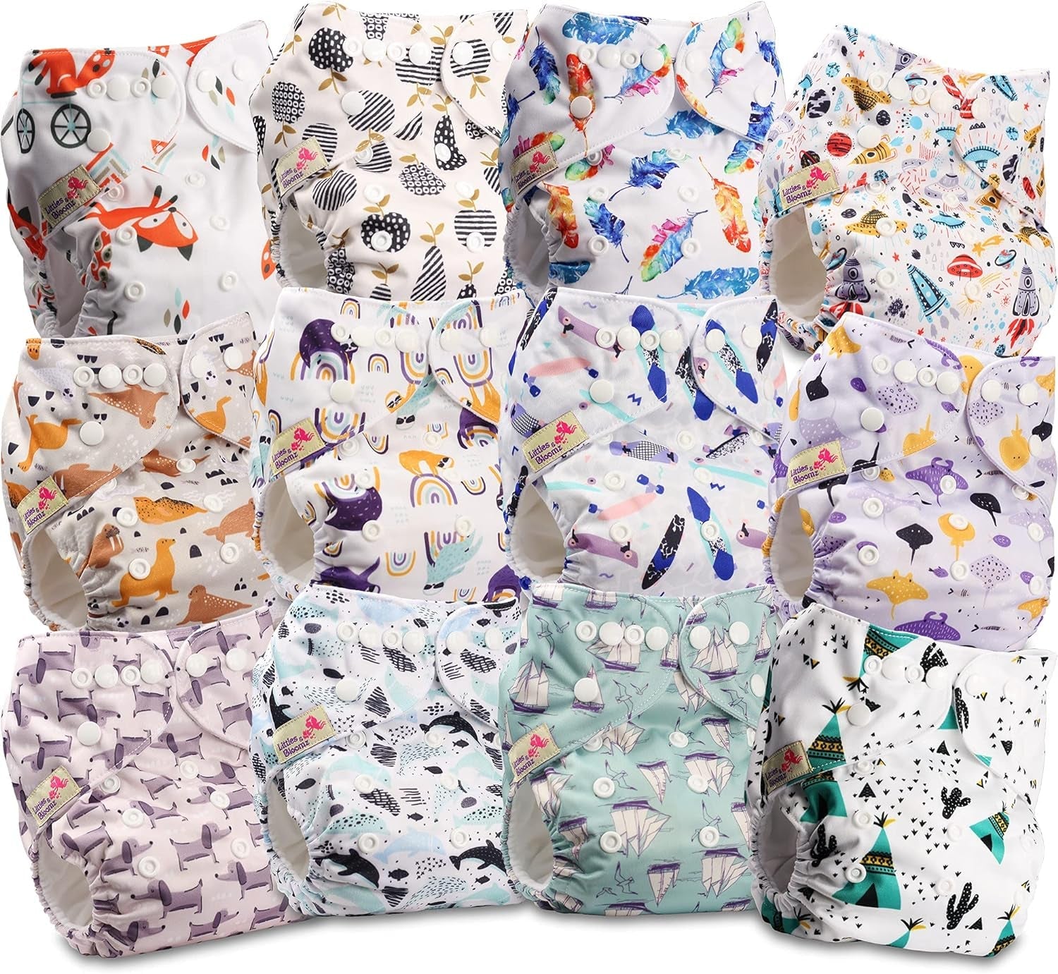 Littles och Bloomz FLP2-0406 Återanvändbar blöja med standardklämma, 4 blöjor