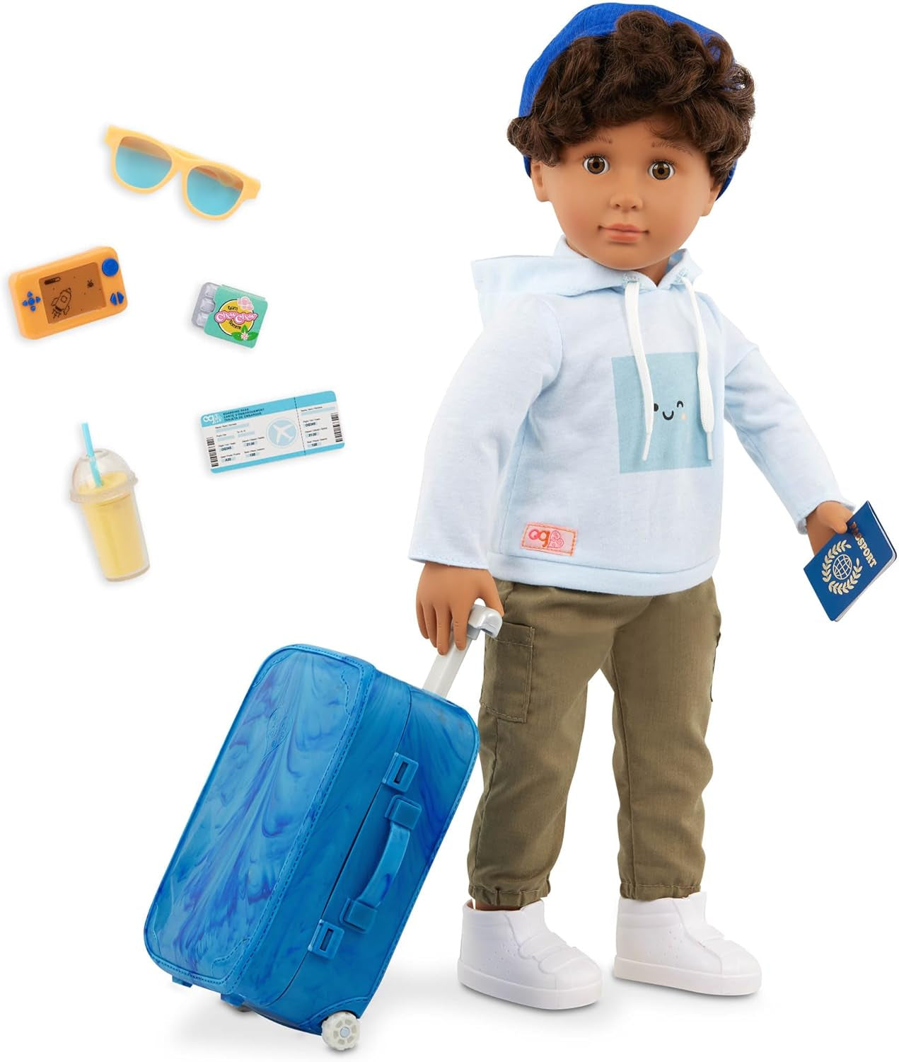 Vår generation - Milo - 46 cm pojkdocka - naturtrogna bruna ögon och lockigt brunt hår - bagage på hjul och resetillbehör - låtsaslek - leksak för åldrarna 3 och uppåt