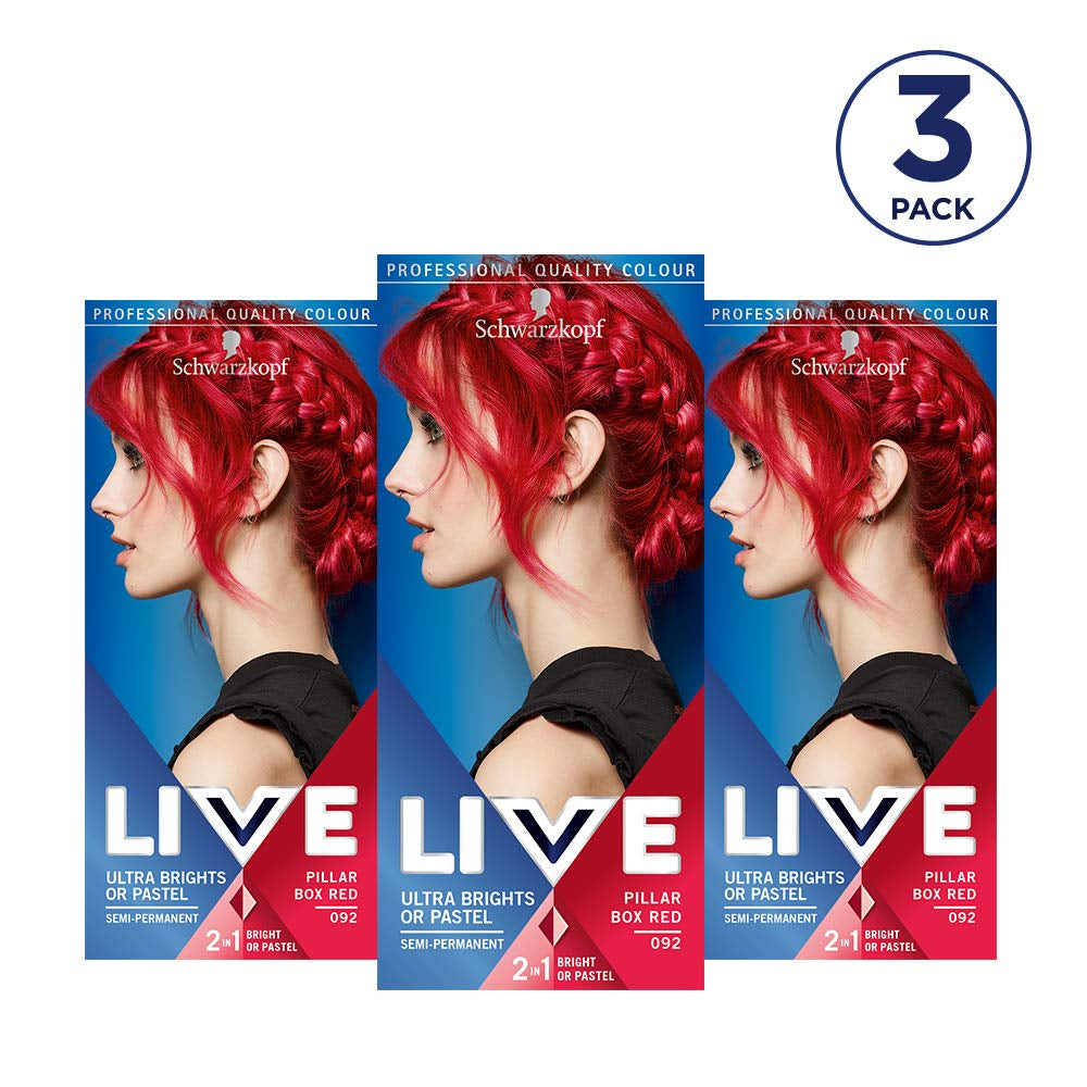 Live Ultra Bright eller Pastellröd hårfärg 3 stycken Semipermanent färg Håller upp till 15 tvättar - 092 Pillar Box Red Naty Shop Hårfärgning
