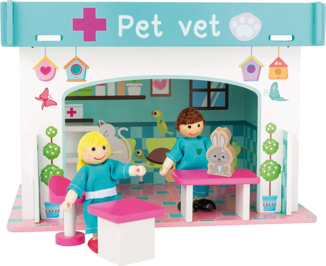 Small Foot 10852 Lekstuga Restaurang Tillverkad i trä, Med 2 dockfigurer, tillbehör och avtagbart tak, Från 3 år Dockhus Naty Shop Veterinärklinik