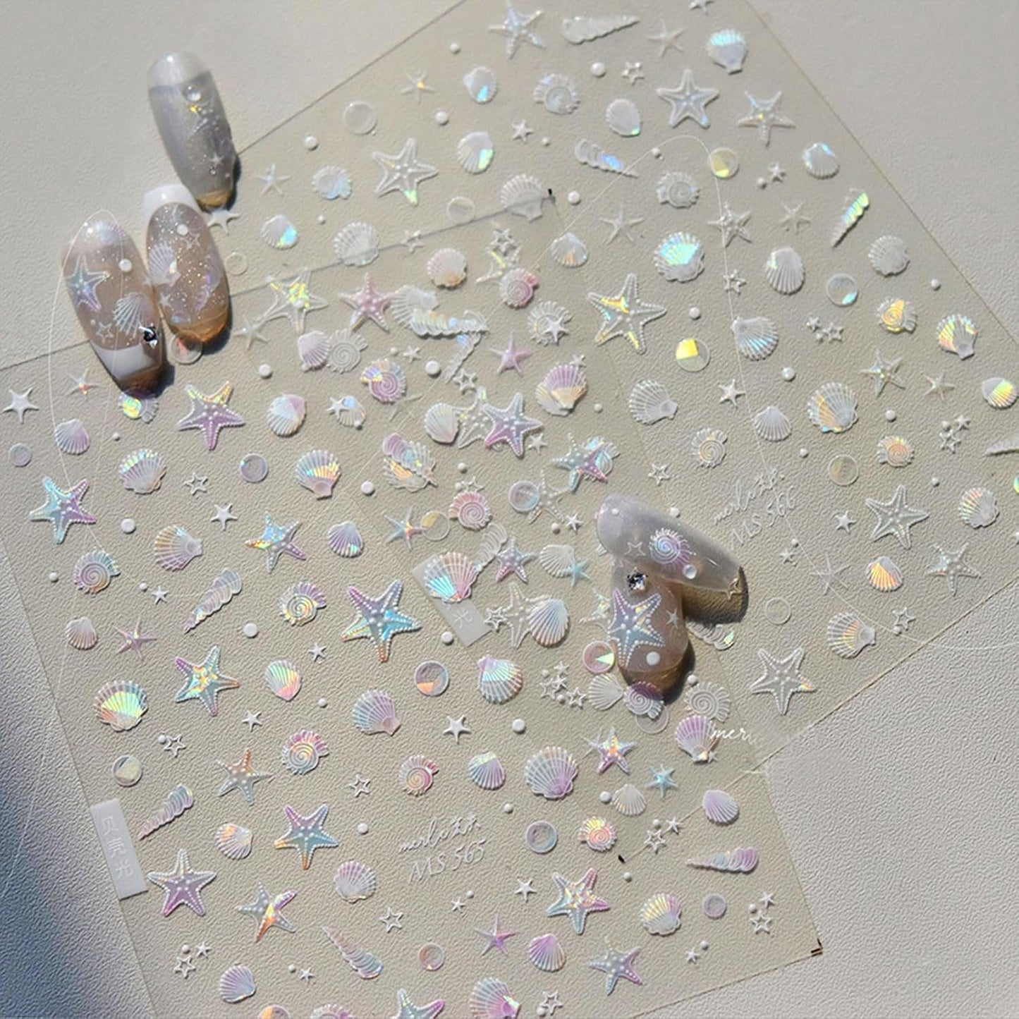 JMEOWIO 3D Nagelsticker Aurora Muschel Seestern Nail Art Sticker Selbstklebend Nagelaufkleber 5D Stereoskopisk Ozean Thema Dekoration Nageldesign Zubehör 1 Blatt