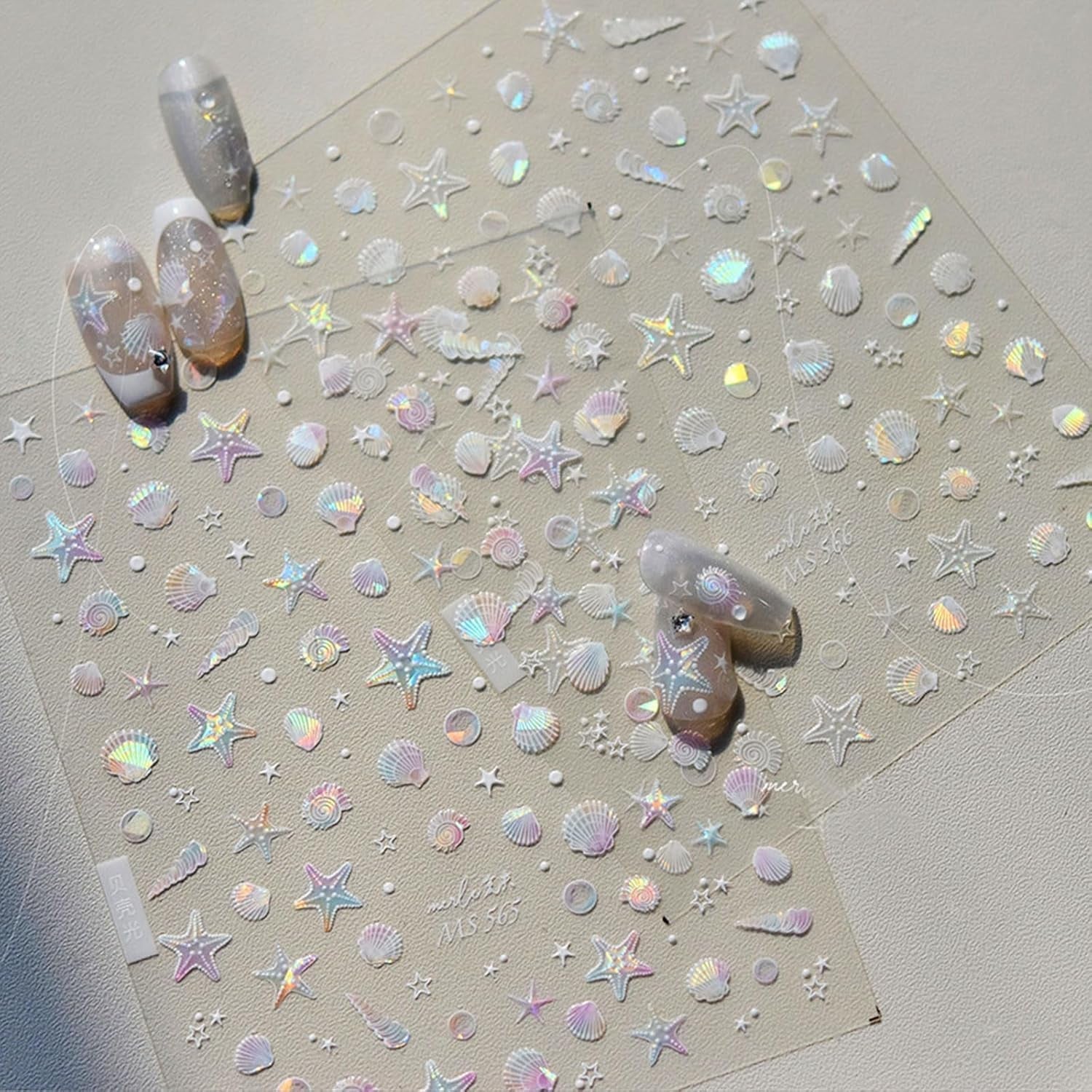 JMEOWIO 3D Nagelsticker Aurora Muschel Seestern Nail Art Sticker Selbstklebend Nagelaufkleber 5D Stereoskopisk Ozean Thema Dekoration Nageldesign Zubehör 1 Blatt