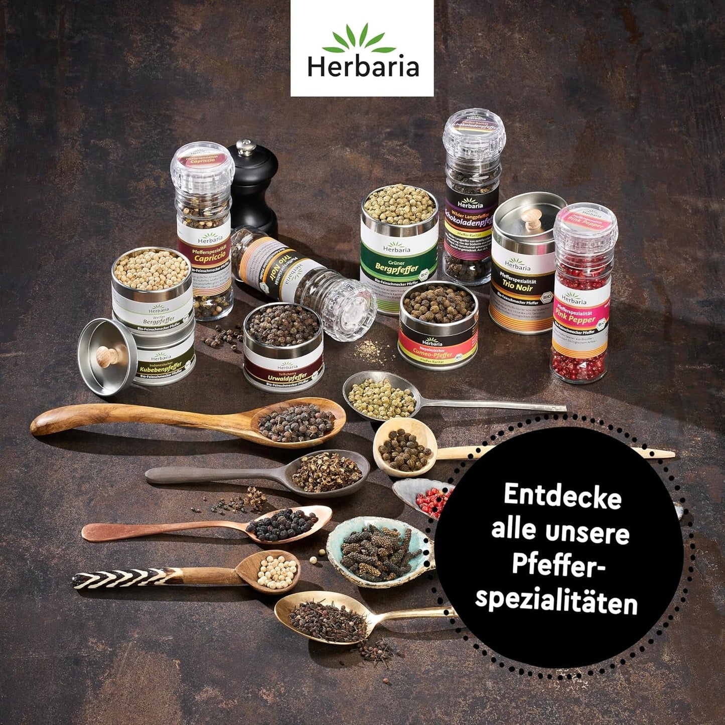 Herbaria Trio Noir bio 75g M-Dose – Bio Pfeffer schwarz ganz – ganze Pfefferbeeren – schwarze Pfeffermischung aus biologiska Anbau von drei verschiedenen Regionen - in nachhaltiger Aromaschutz-Dose