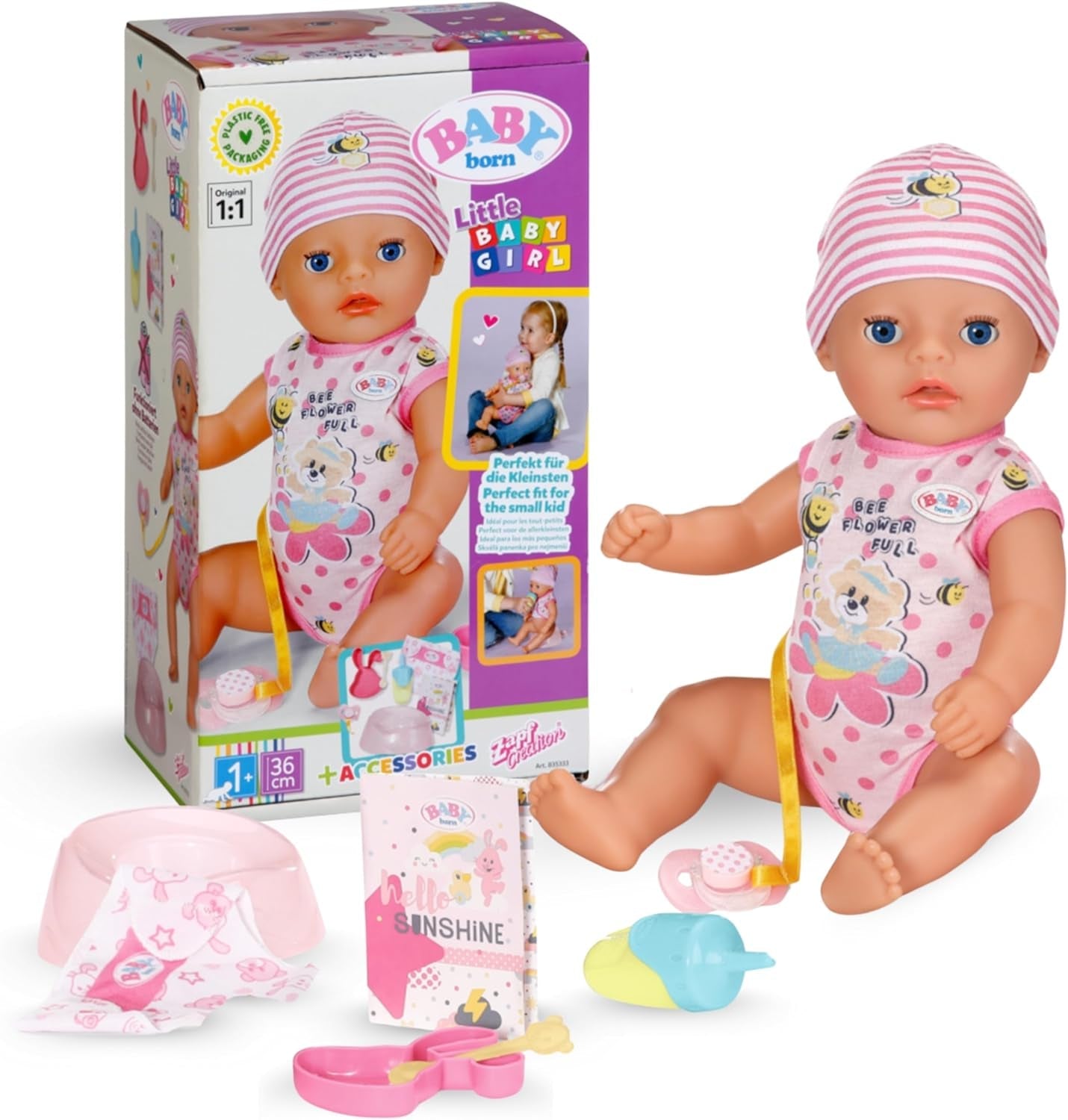 BABY Born Lena (Girl) - babydocka 36 cm - 7 funktioner inklusive tillbehör och madrass - Fungerar helt utan batterier - Passar små barn från 1 år