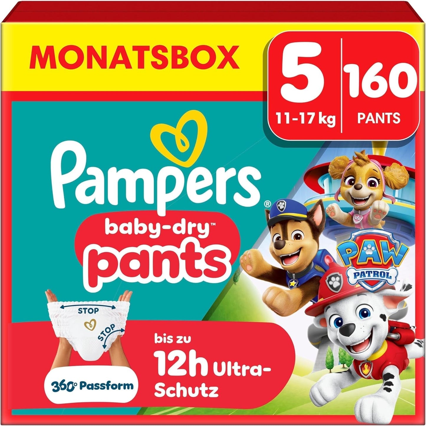 Pampers Baby Dry Pants Diaper Patrol Puppy Edition, storlek 5, 160 blöjor, 11 kg - 17 kg, 360° justering med stopp och skyddssystem