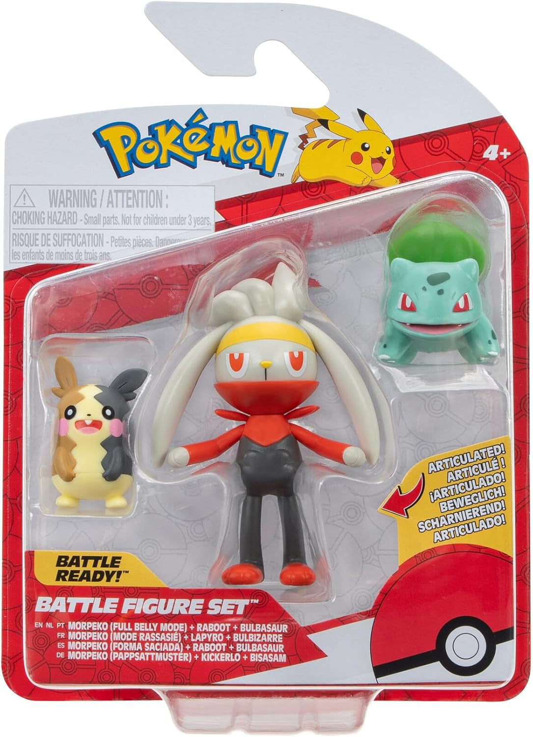 Pokémon PKW3057 Battle Figure Set-Piepi, Tanhel, Lauchzelot Actionfigurer Naty Shop Morpeko, Bisasam, Kickerlo