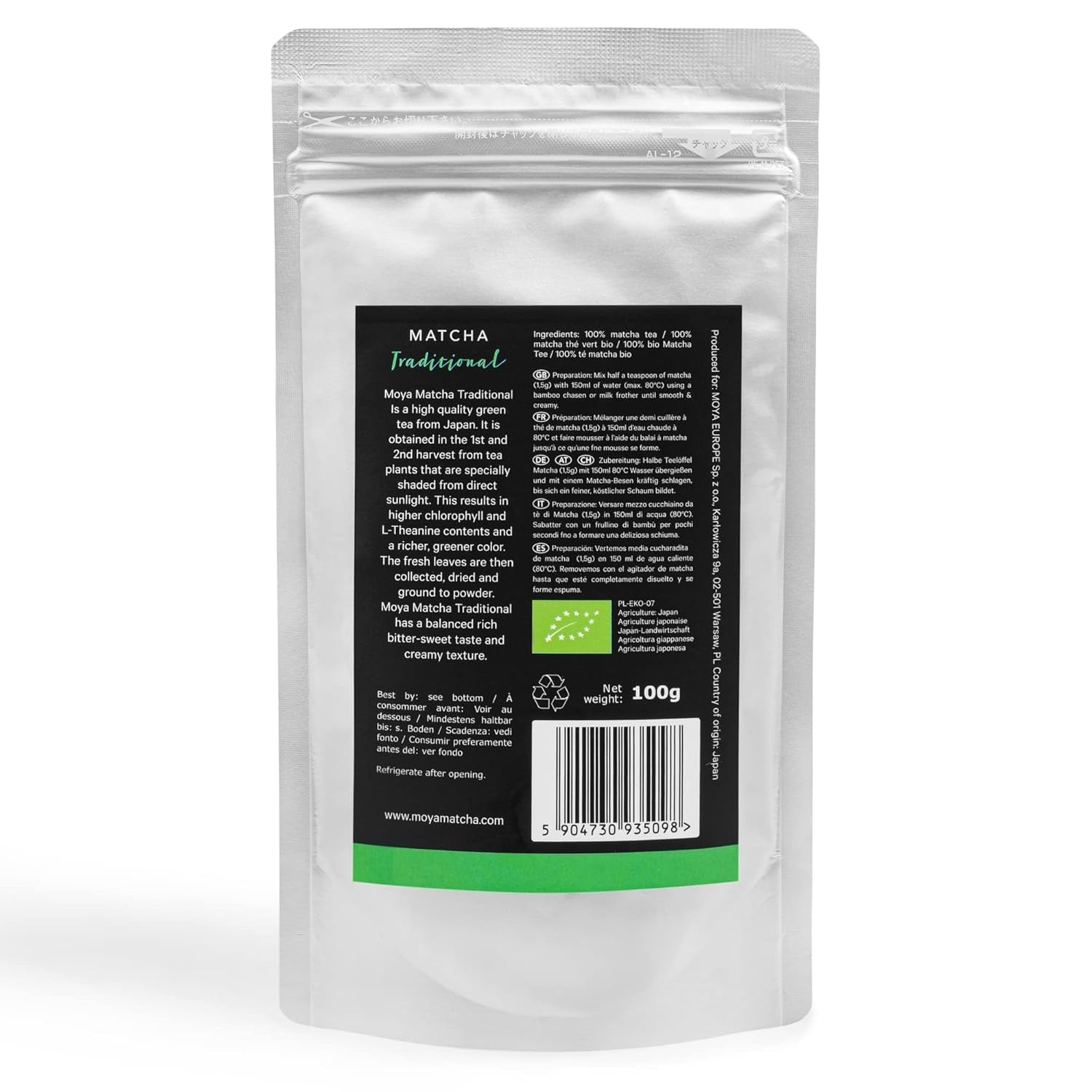 Moya Matcha ekologiskt grönt tepulver | 100 g traditionell ceremonikvalitet 30 g | Ekologiskt odlat och skördat i Uji, Japan | Perfekt att dricka till vatten, matcha lattes, smoothies och lemonader