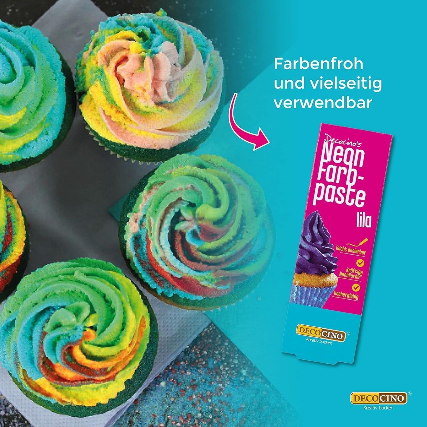 Decocino Neon matfärgningsset - 3 delar - röd, rosa, lila - högdosfärgad matfärg - för färgning av kakor, muffins, muffins - smakfritt