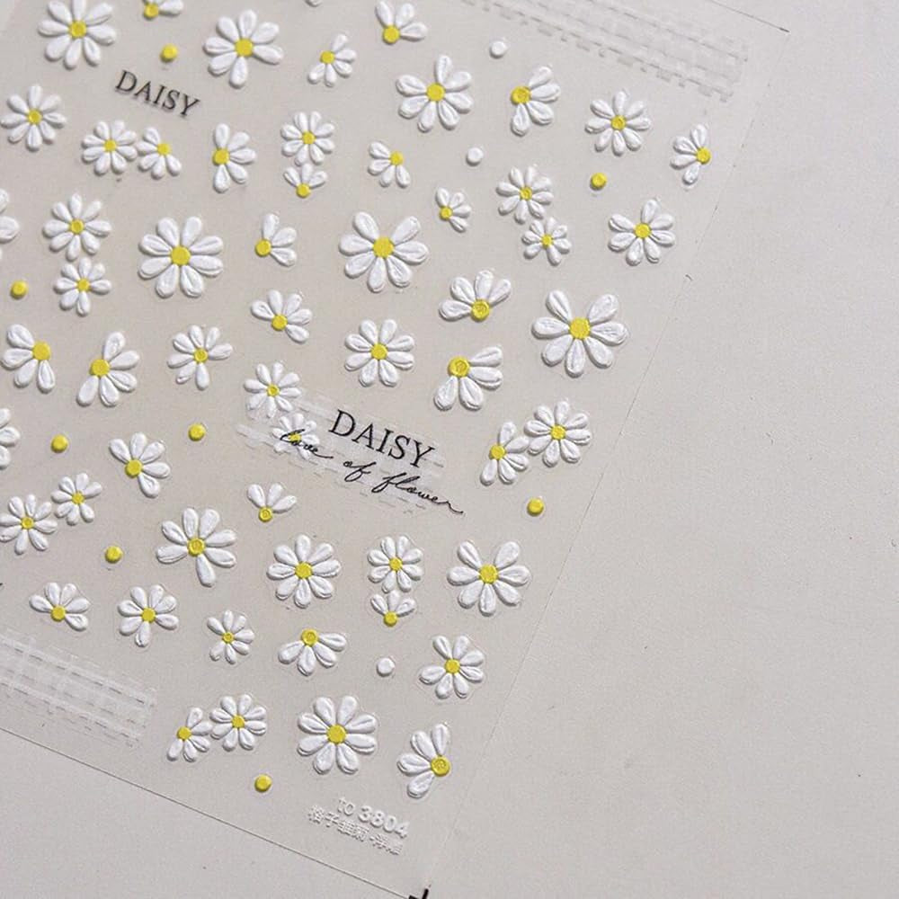 5D-präglade vita prästkragar Nagelklistermärken Blommor Nagelklistermärken Blommor Självhäftande folieklistermärken Nagelkonstklistermärken Tusenskönor Nageldekoration Tillbehör Blomdesignklistermärken Nagelkonst