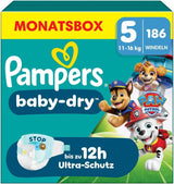 Pampers Baby-Dry Puppy Patrol Edition blöjor, storlek 5, 186 blöjor, 11 kg - 16 kg, upp till 100 % läckageskydd och komfort hela natten