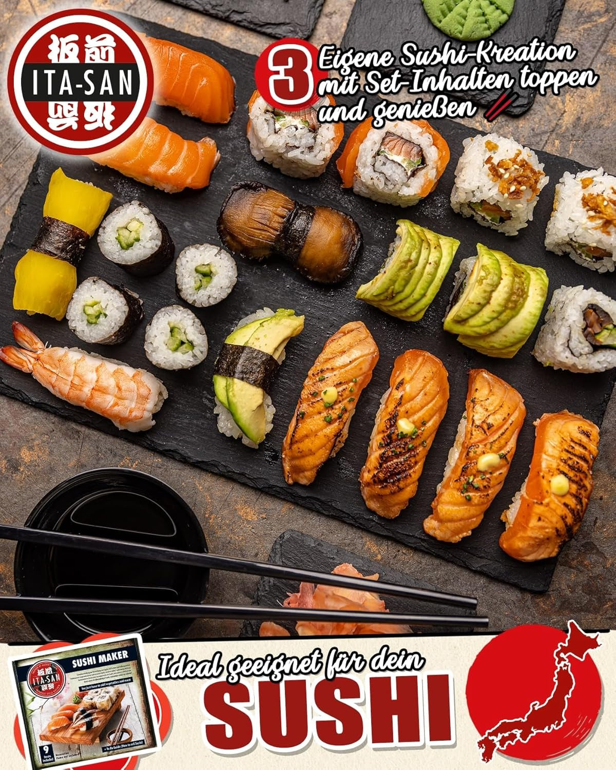 ITA-SAN Sushi Set (9-delar komplett set, perfekt för nybörjare, för prov eller present) 1 förpackning