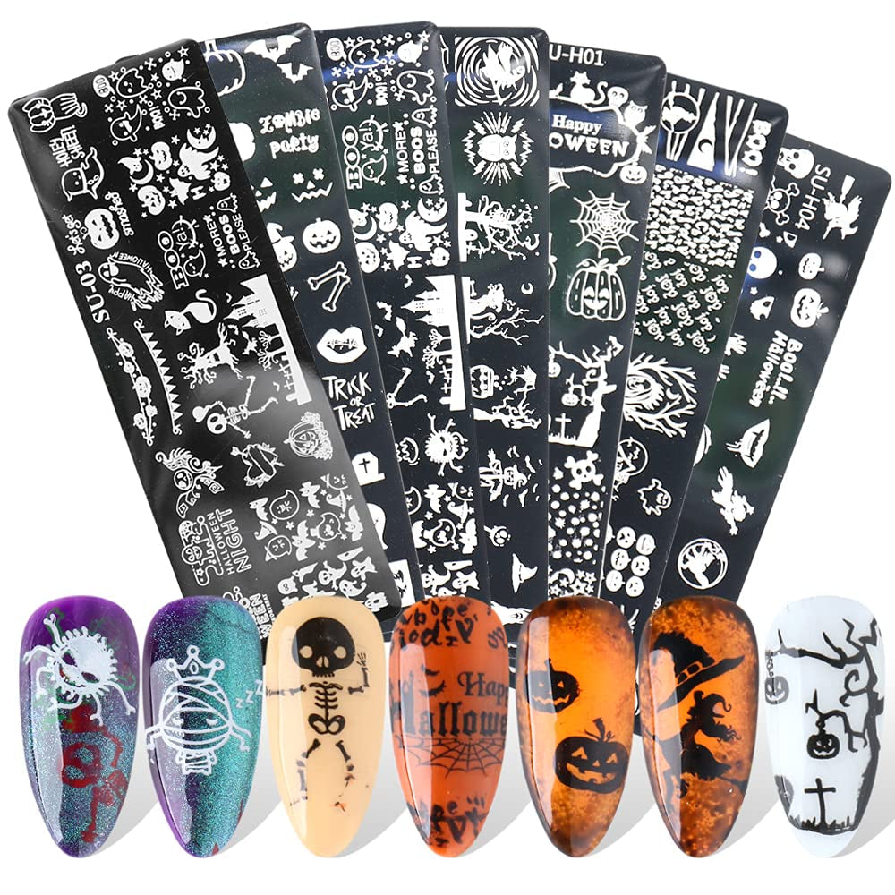 JMEOWIO Nail Stamping Stencils Halloween 6 Stück Nagelstempel Stencils Nail Art Dekoration Nageldesign Zubehör Böse Gruselige Kürbis-Geisterhexe