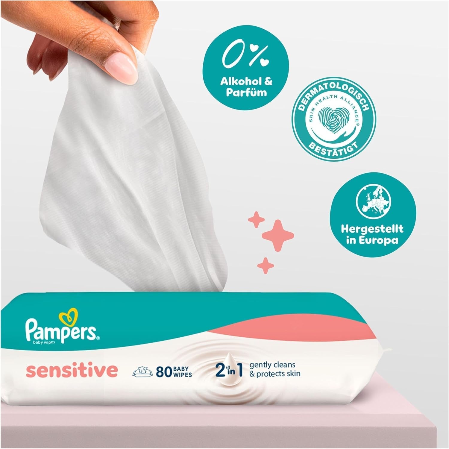 Pampers Sensitive Baby Wipes, 15 paket med 80 våtservetter, 1200 babyservetter, 2-i-1 skonsam rengöring och hudskydd