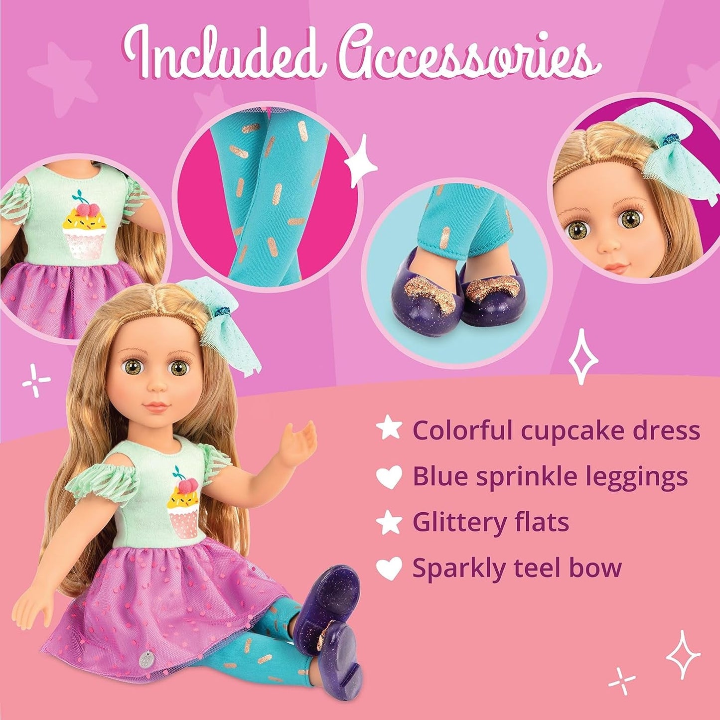 Glitter Girls - Sashka - 36 cm Bewegliche Modepuppe - Blond Haar och gröna Augen - Cupcake-Kleid mit Haarschleife - Glitzerschuhe & Gepunktete-Leggings - 3 Jahre +