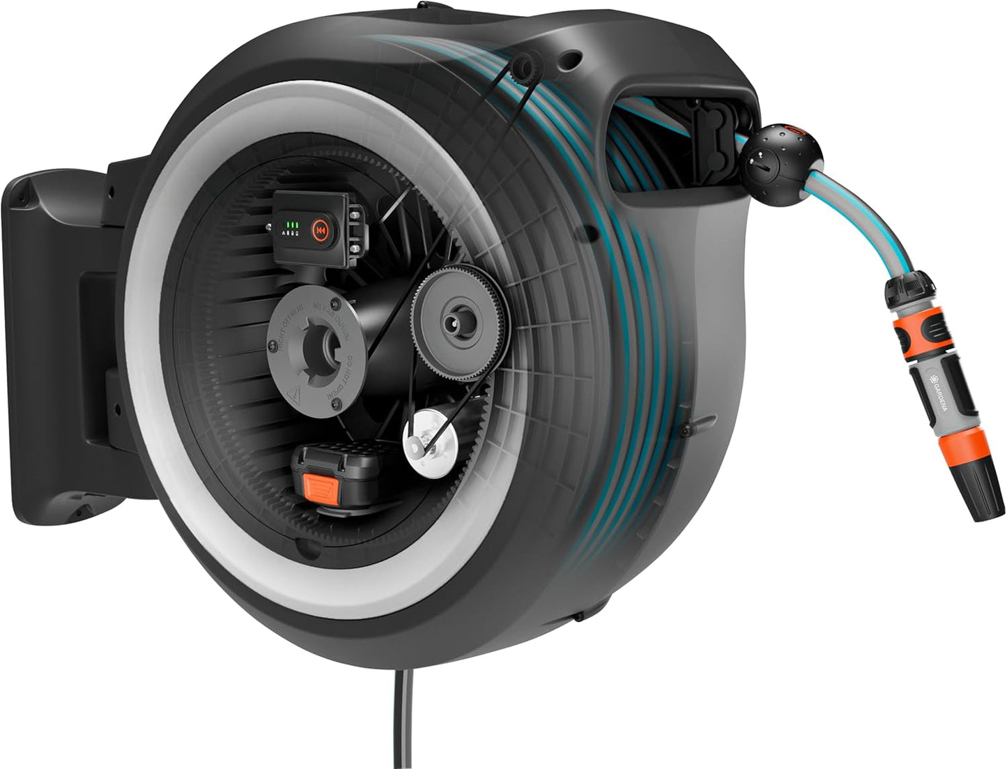 Gardena PowerRoll XXL Solo sladdlös väggslanglåda: Automatisk slangupprullare med 40 m trädgårdsslang, slangstyrning och RollControl, batteridriven, UV- och frostbeständig (18647-55)