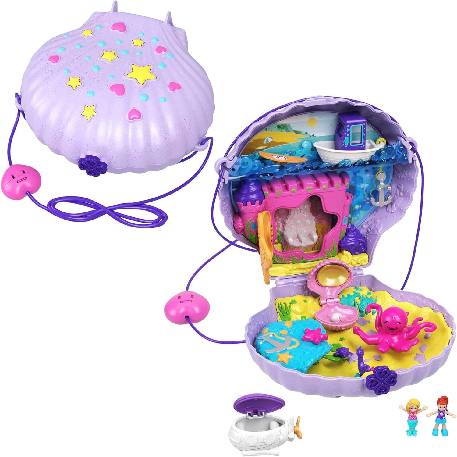 Polly Pocket Förvaringsbox Snäckväska med 2 dockor och 1 ubåt Polly Pocket Mermaid Toy Age 4+ GNH11