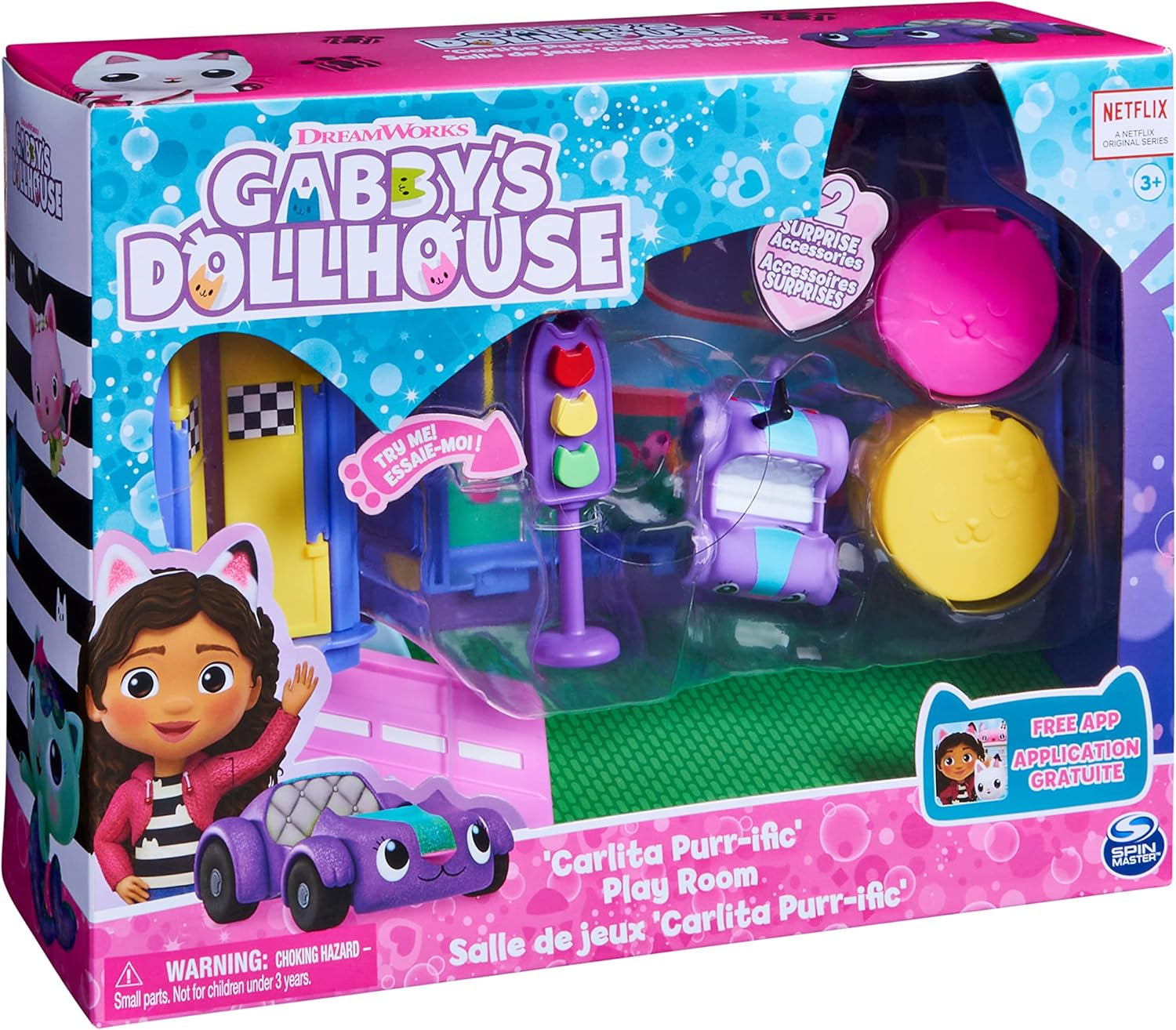 Gabby's Dollhouse Deluxe-rum, Purr-Ific-lekrum, lekrum med Carlita-leksaksbil, 2 möbler och 2 överraskningslådor med tillbehör, lämplig för åldrarna 3+ Naty Shop Dollhouses