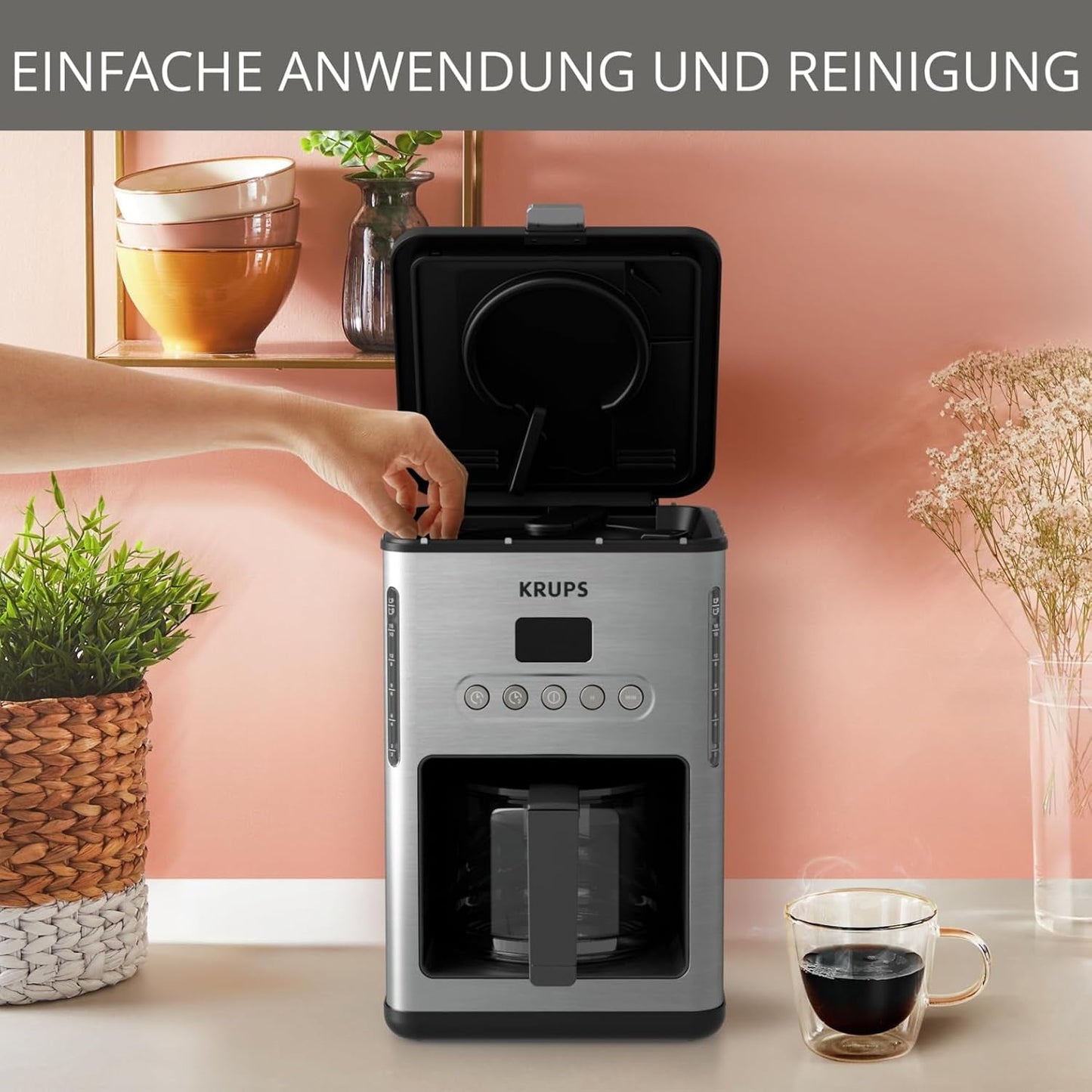 Kaffeespressomaskin med filter Krups KM442D Premium | 10-15 koppar | 1000 watt | programmerbar | varmhållningsfunktion | rostfritt stål | svart