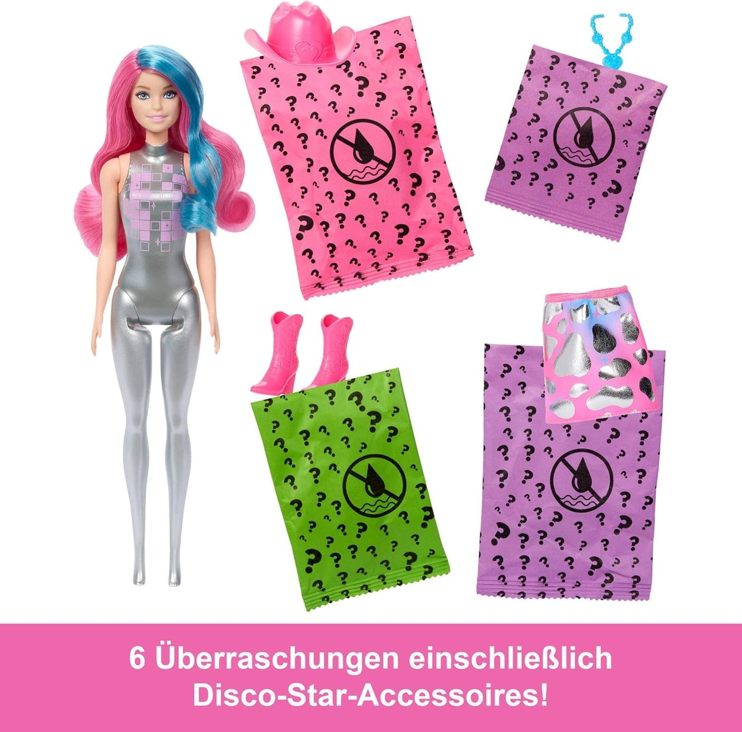Barbie Color Reveal Doll och tillbehör med 6 överraskningar, Disco Star Series med metalliskt glitter och färgskiftande topp (stilar kan variera), JCP01, 32 cm
